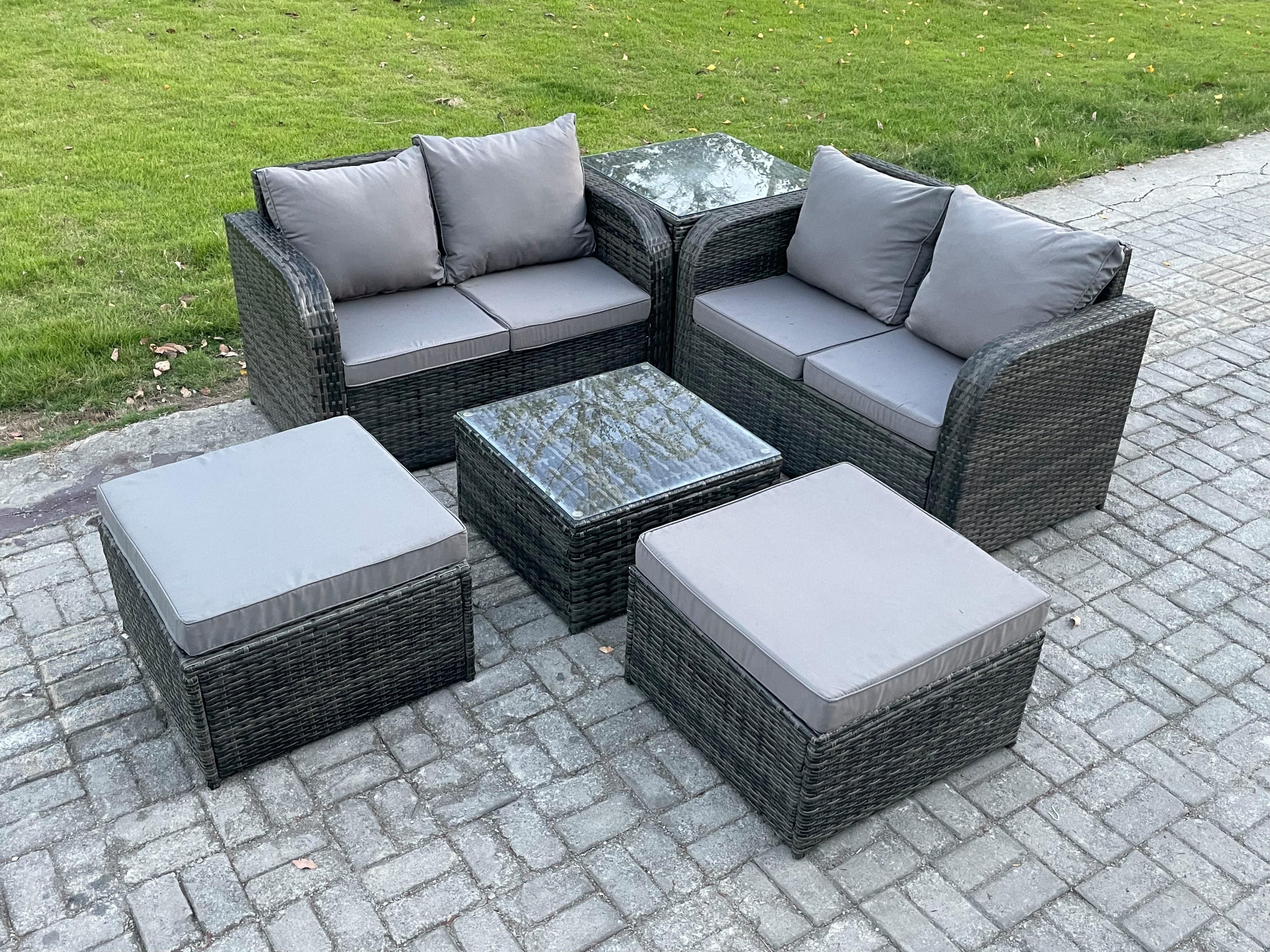 6 Seater High Back Rattan Garden Furniture Set Square Coffee Table 2 Big Footstool Love Sofa Indoor Outdoor Patio Lounge Sofa Set