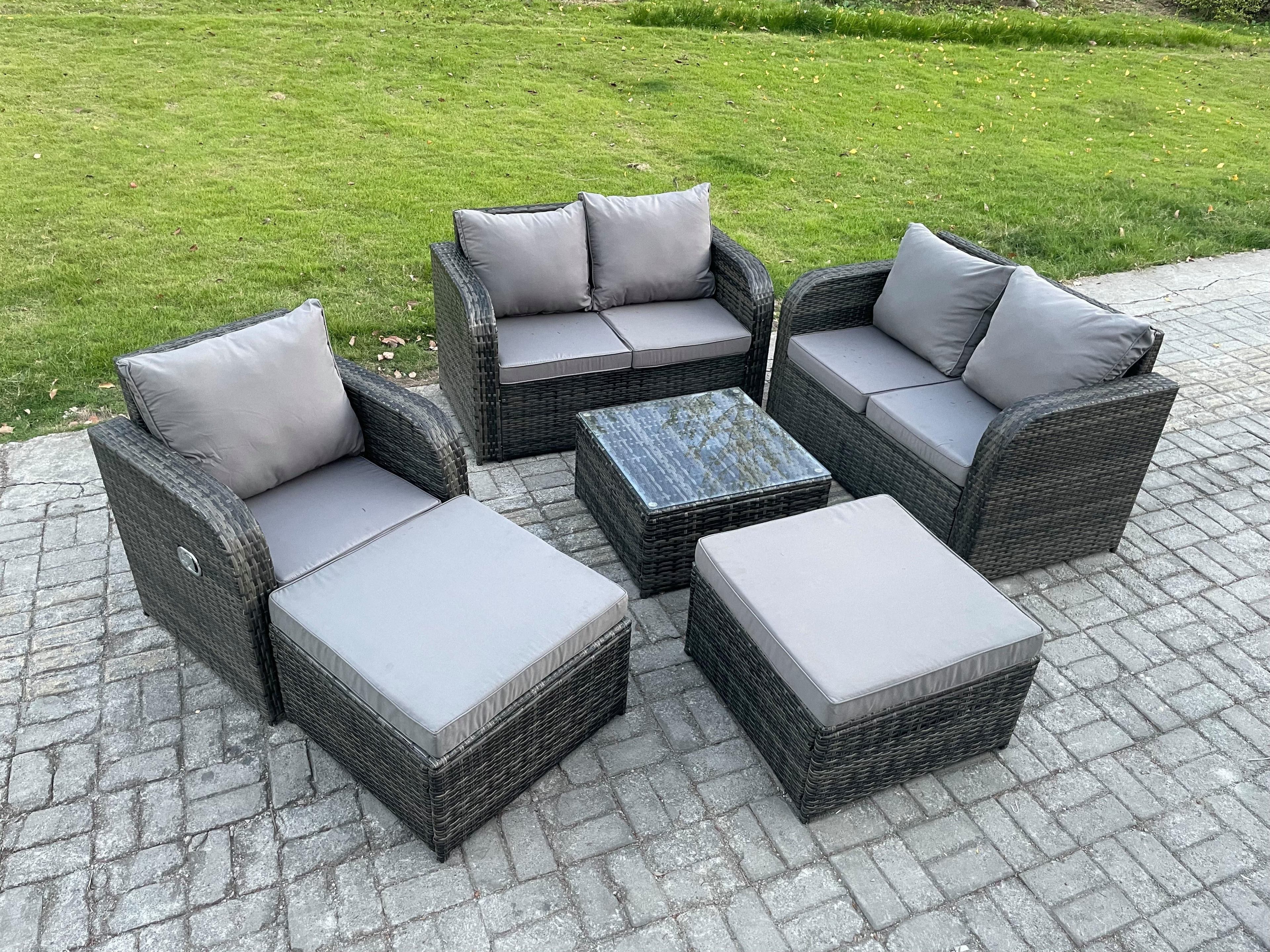 7 Seater High Back Rattan Garden Furniture Set Square Coffee Table 2 Big Footstool Love Sofa Indoor Outdoor Patio Lounge Sofa Set