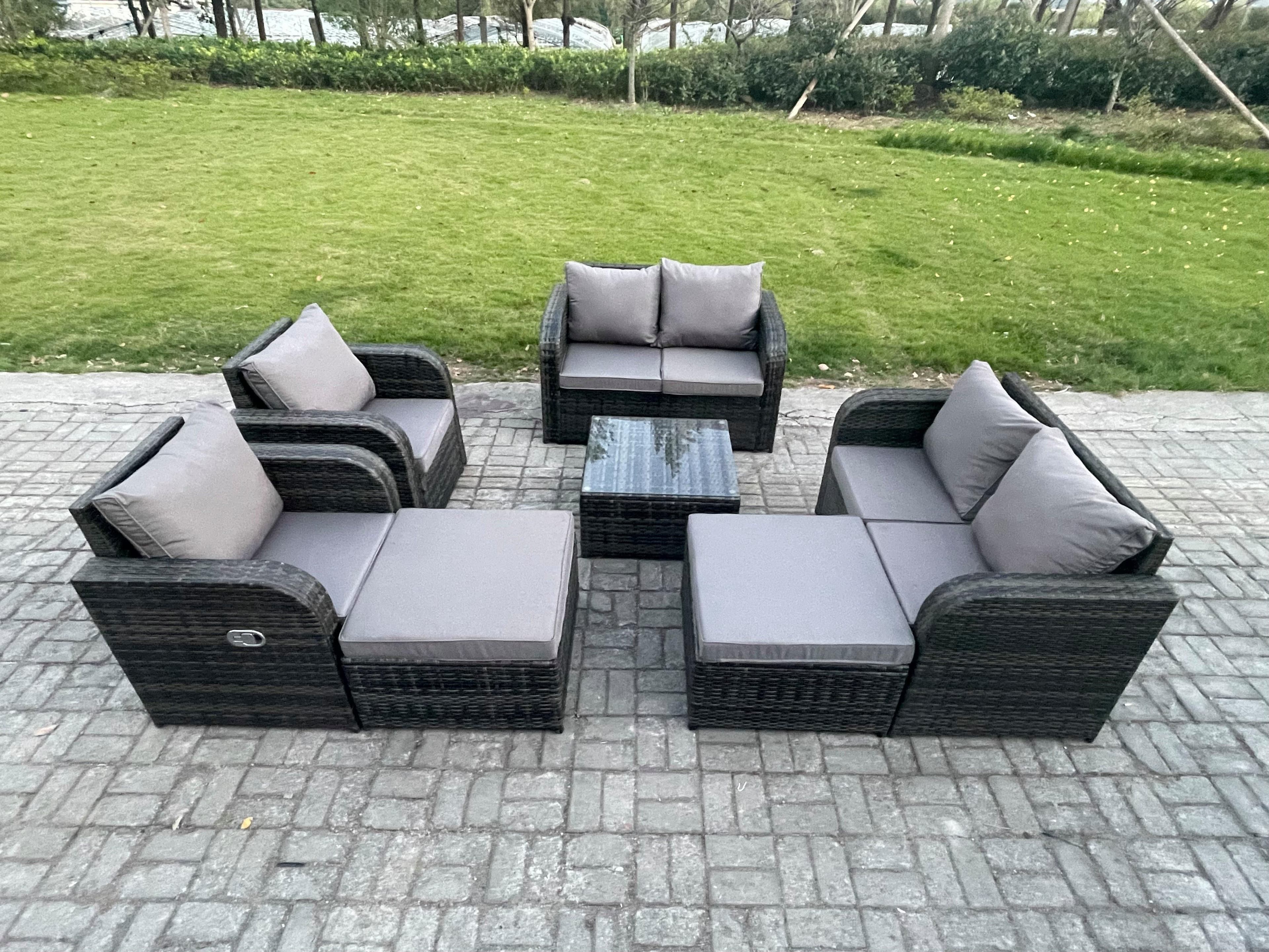 8 Seater High Back Rattan Garden Furniture Set Square Coffee Table Love Sofa Reclining Chair Indoor Outdoor Patio Lounge Sofa Set