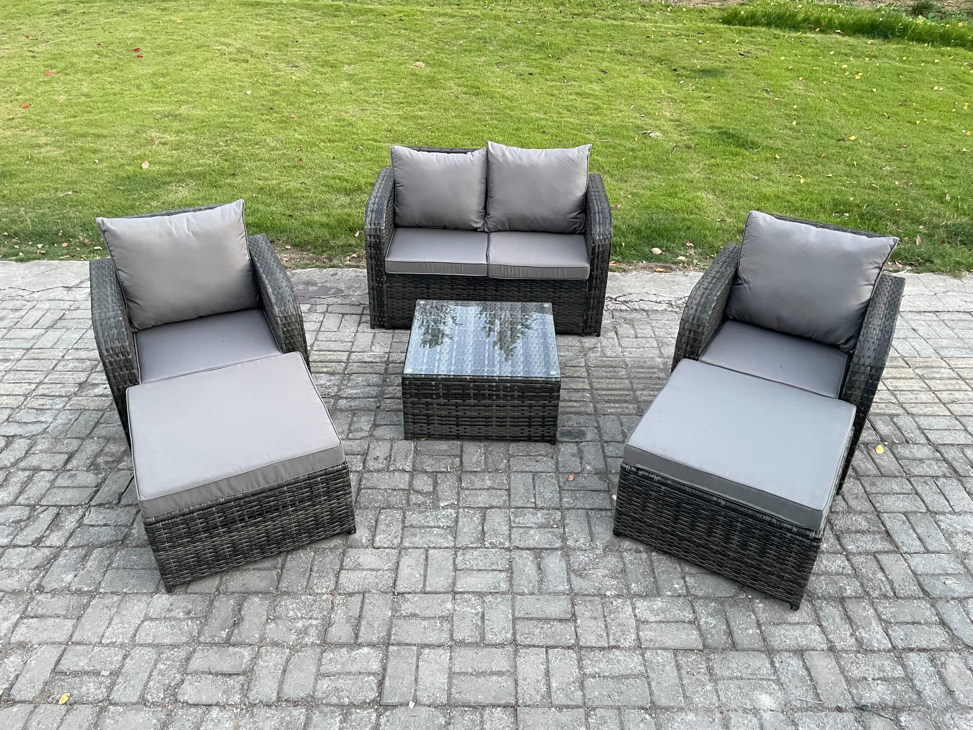 6 Seater High Back Rattan Garden Furniture Set Square Coffee Table 2 Big Footstool Reclining Chair Indoor Outdoor Patio Lounge Sofa Set