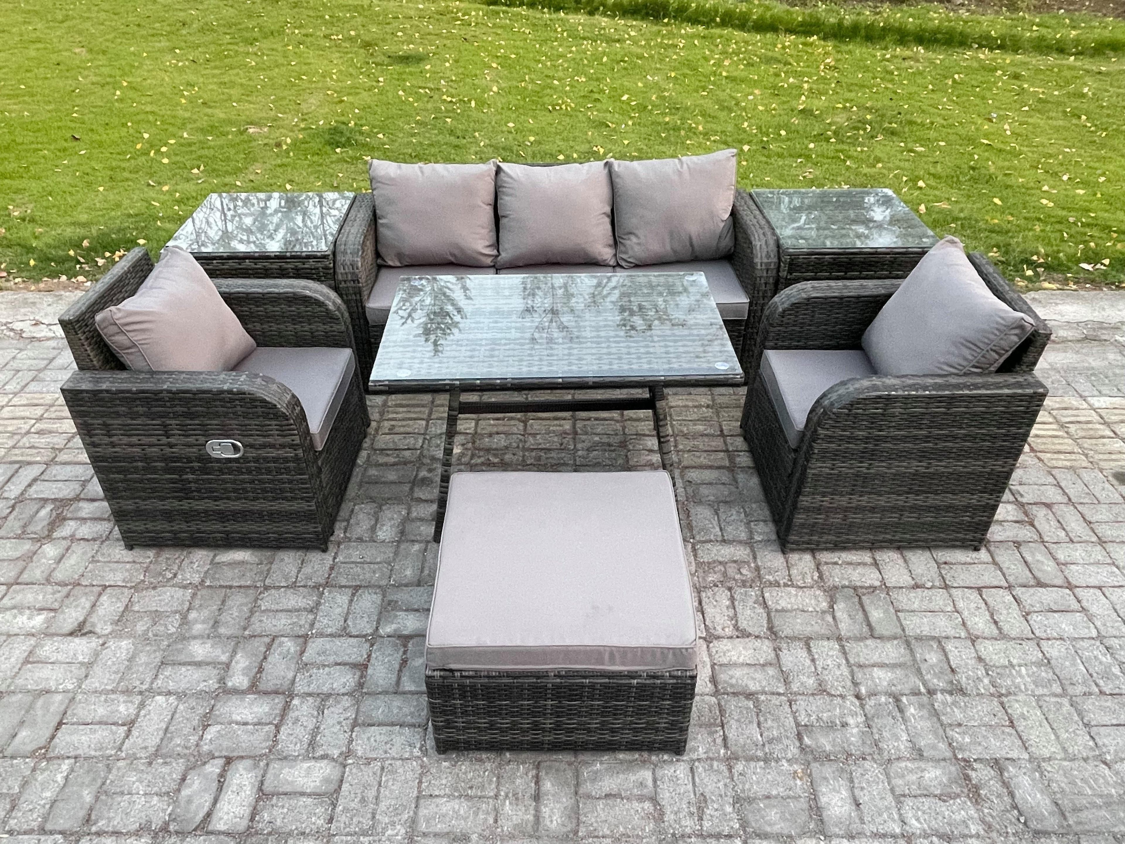 6 Seater Rattan Wicker Garden Furniture Patio Conservatory Sofa Set Rectangular Dining Table Reclining Chair