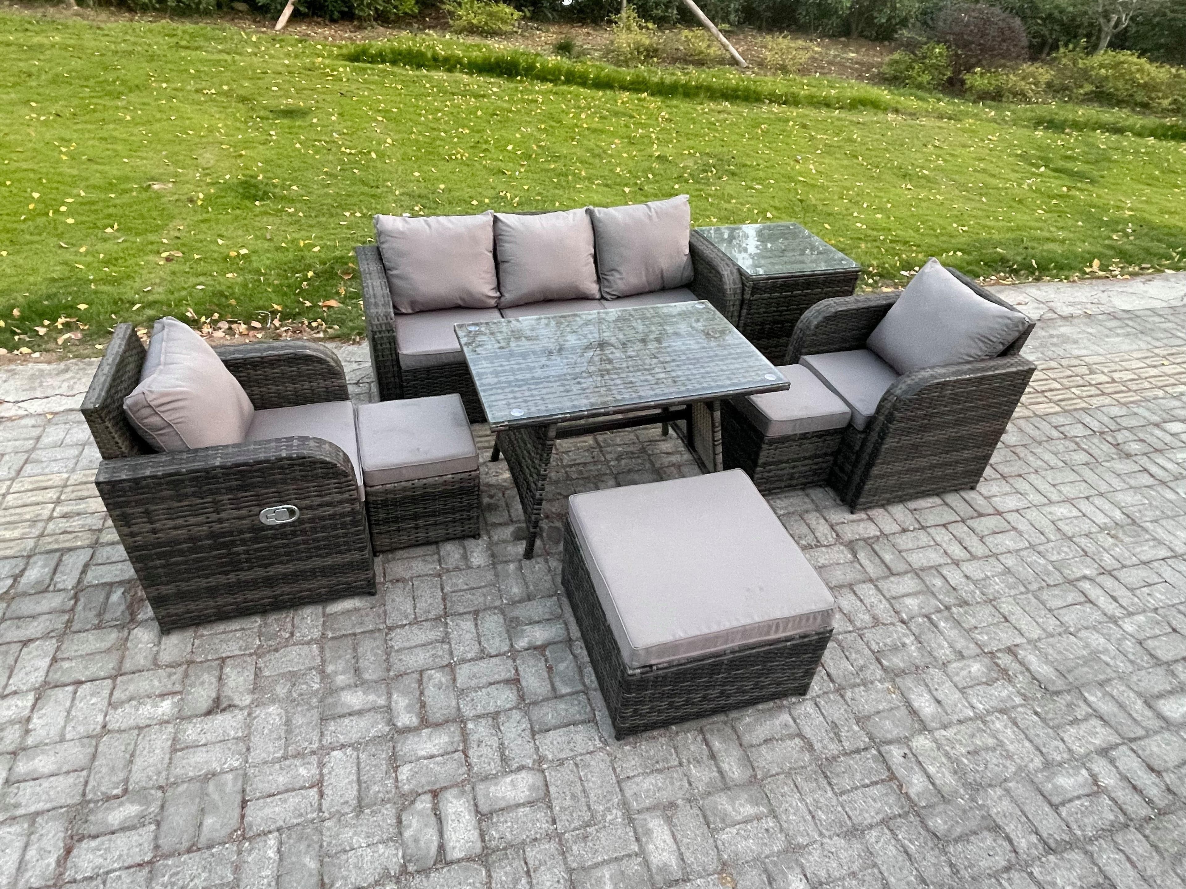8 Seater Rattan Wicker Garden Furniture Patio Conservatory Sofa Set Oblong Dining Table Reclining Chair