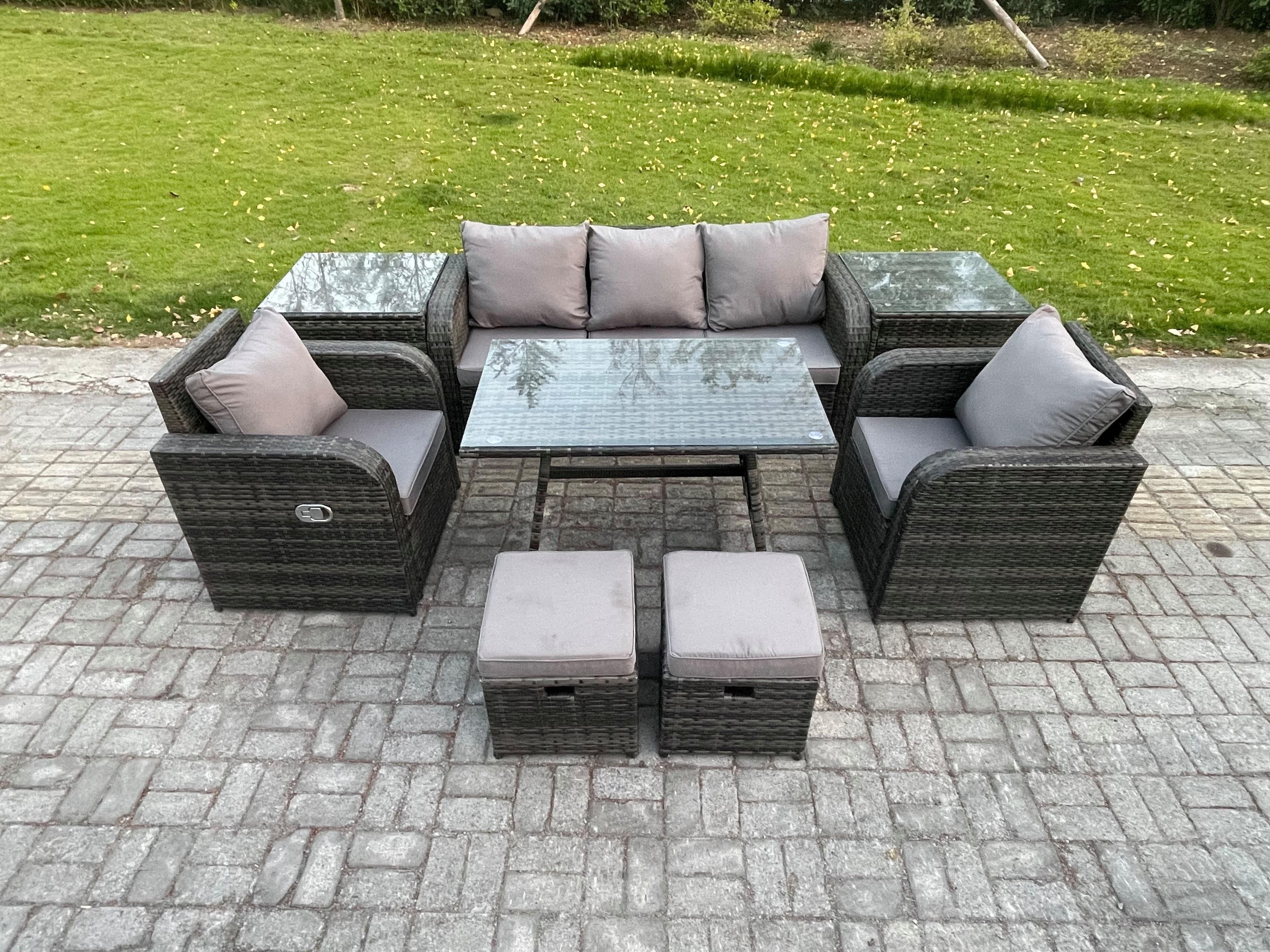 Outdoor Garden Furniture Sets 8 Pieces Wicker Rattan Furniture Sofa Sets Rectangular Dining Table 2 Small Footstools