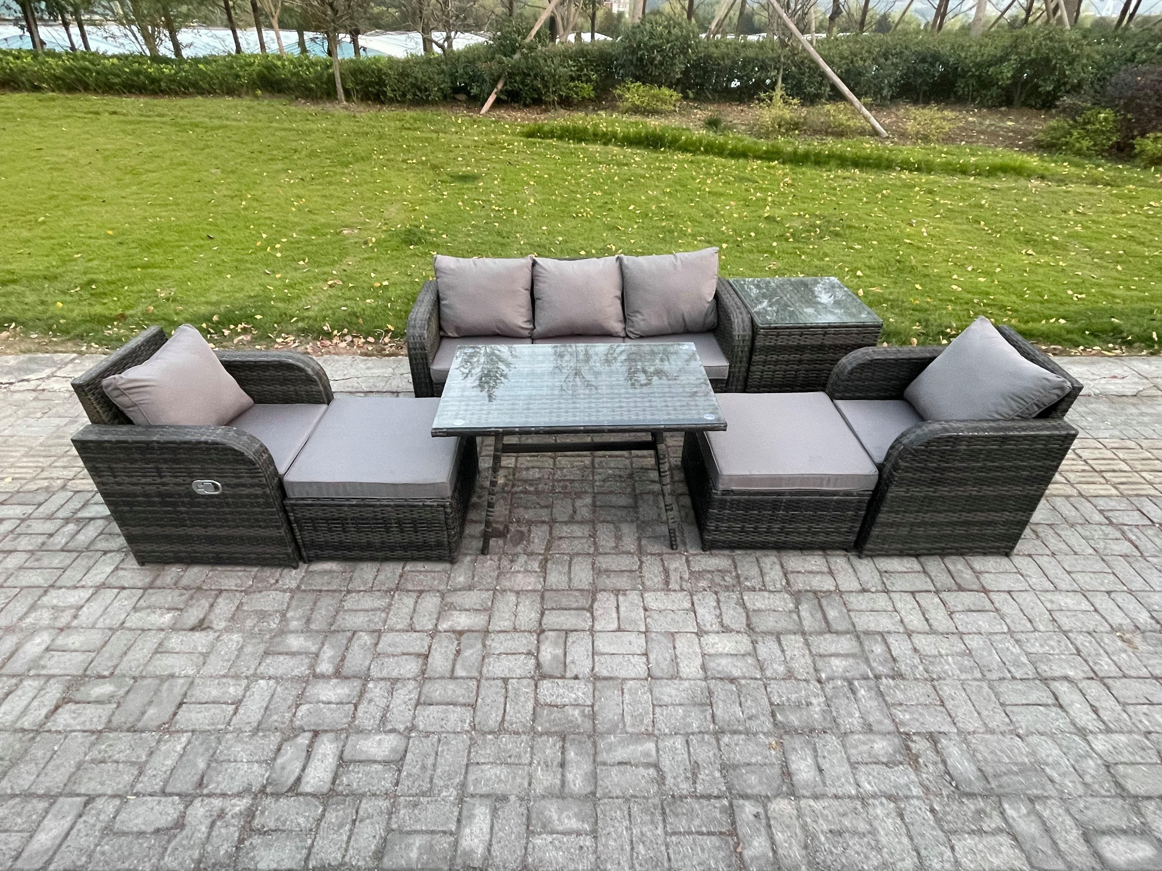 Outdoor Garden Furniture Sets 7 Pieces Wicker Rattan Furniture Sofa Sets Rectangular Dining Table 2 Big Footstool