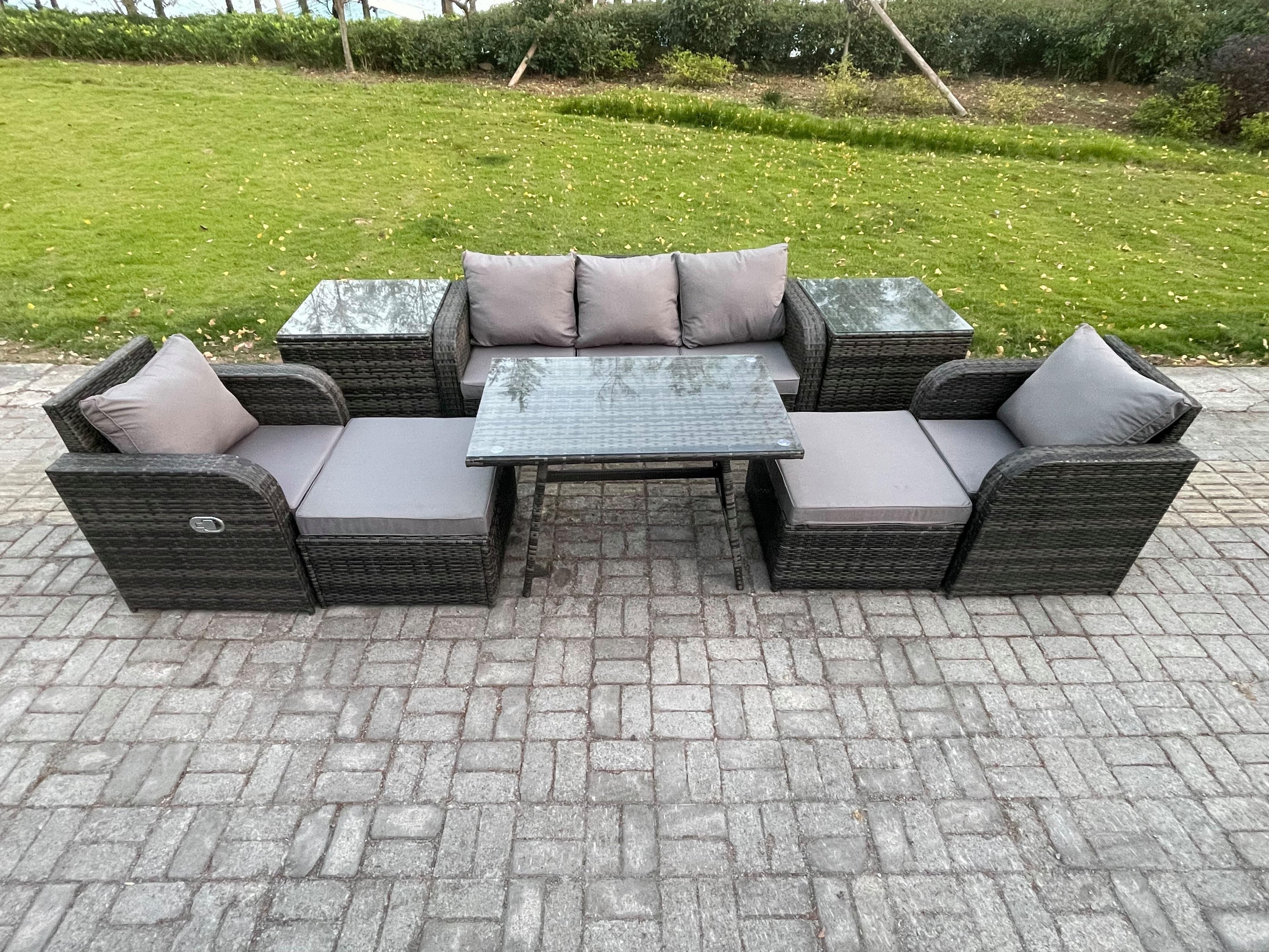 Outdoor Garden Furniture Sets 8 Pieces Wicker Rattan Furniture Sofa Sets Rectangular Dining Table 2 Big Footstool