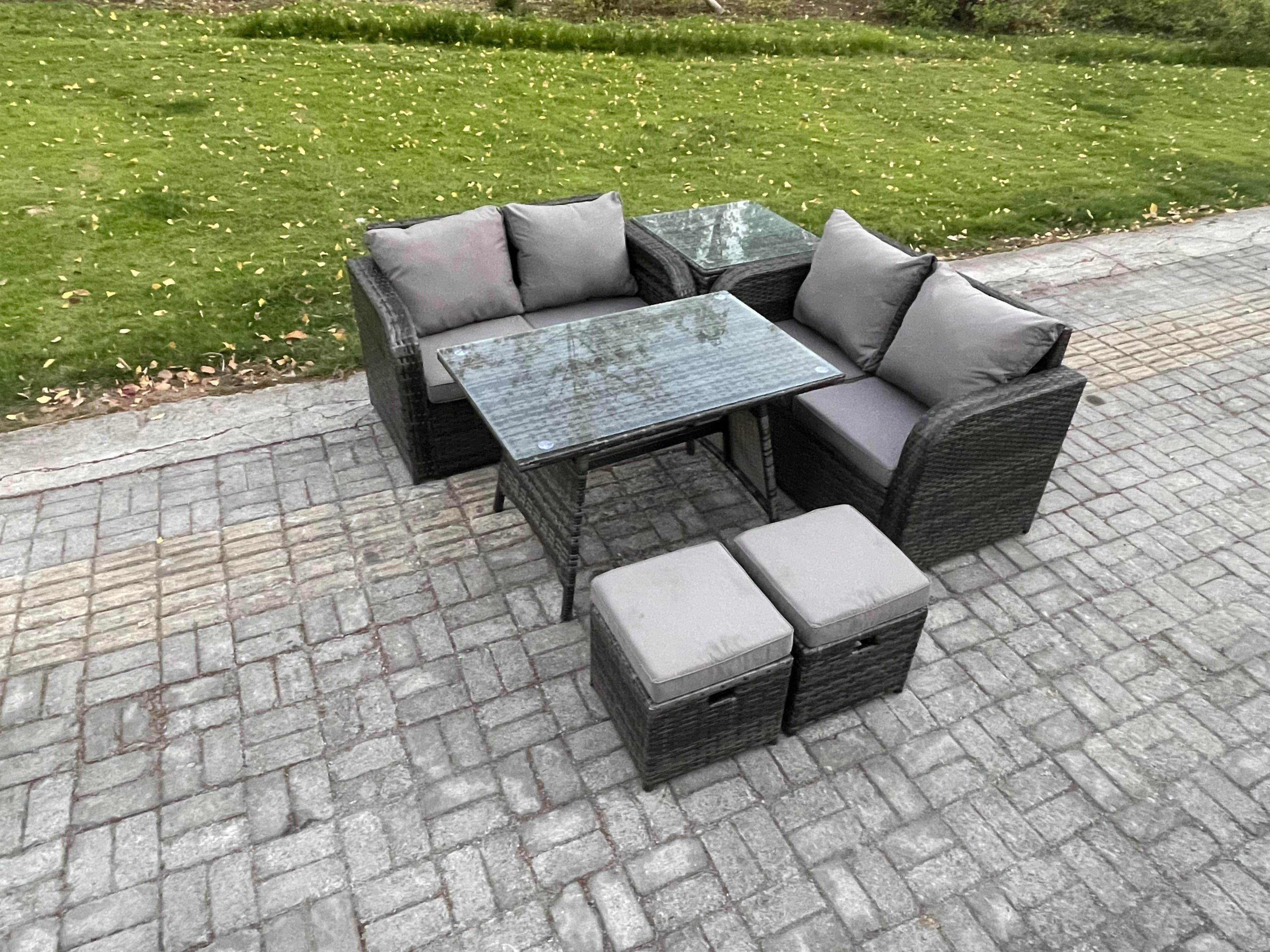 Outdoor Garden Furniture Sets 6 Pieces Wicker Rattan Furniture Sofa Sets Rectangular Dining Table