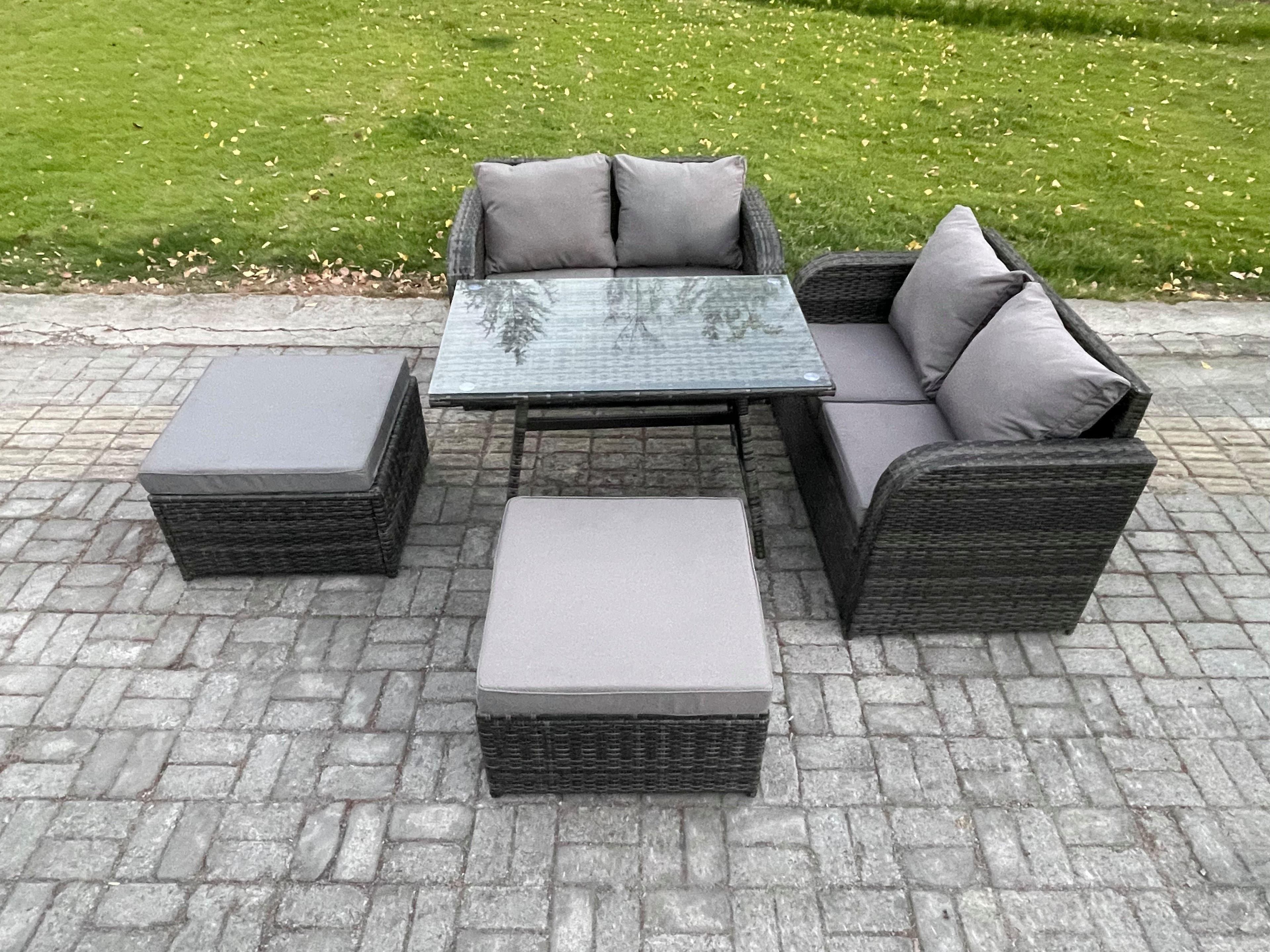 Outdoor Garden Furniture Sets 5 Pieces Wicker Rattan Furniture Sofa Sets Rectangular Dining Table Love Sofa