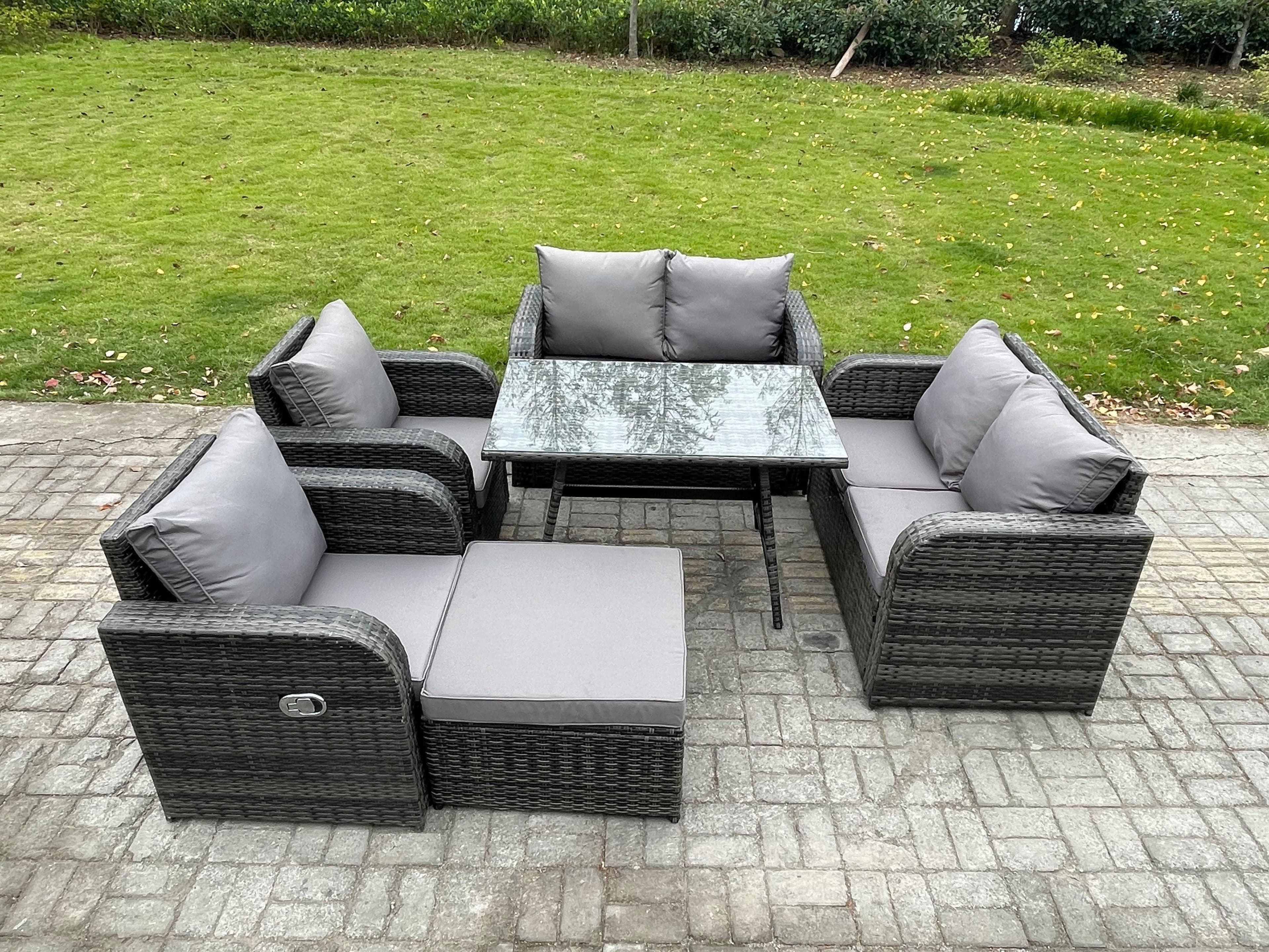 Wicker PE Rattan Garden Dining Set Outdoor Furniture Sofa Rectangular Dining Table Big Footstool Dark Grey Mixed