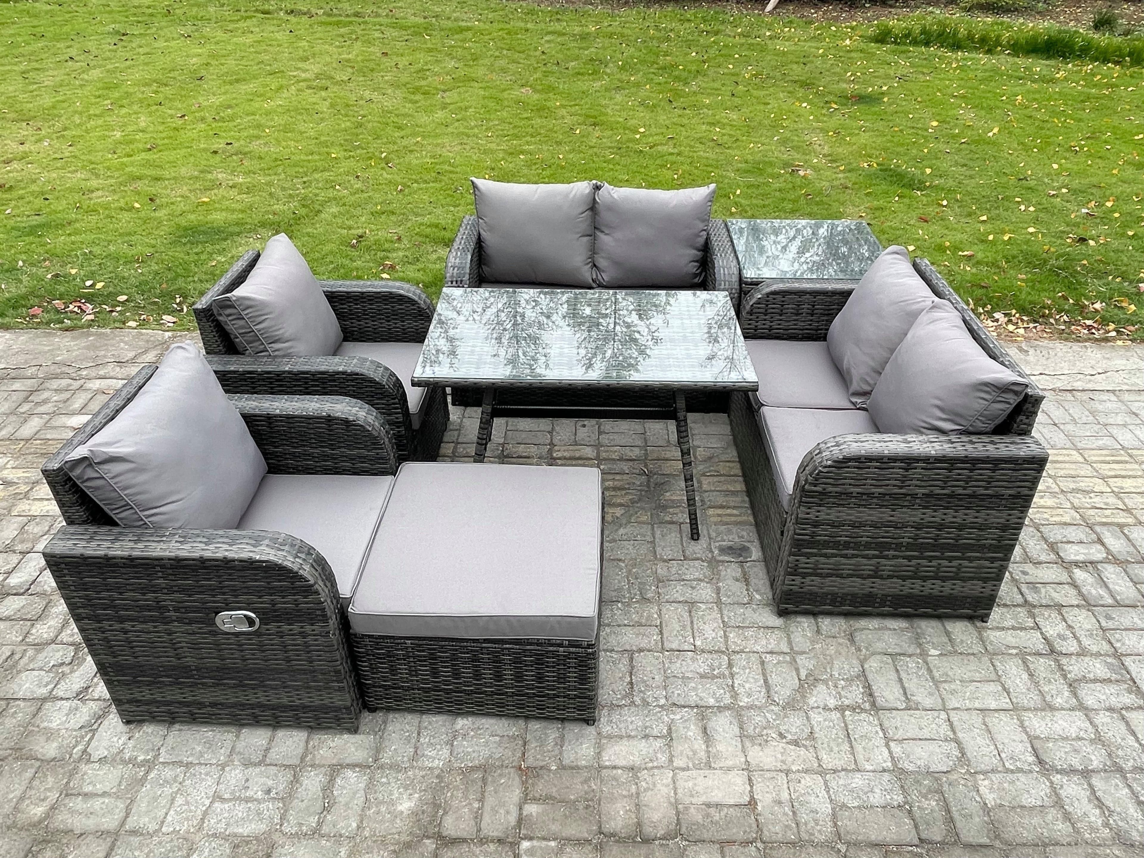 Wicker PE Rattan Garden Dining Set Outdoor Furniture Sofa Rectangular Dining Table Big Footstool Side Table