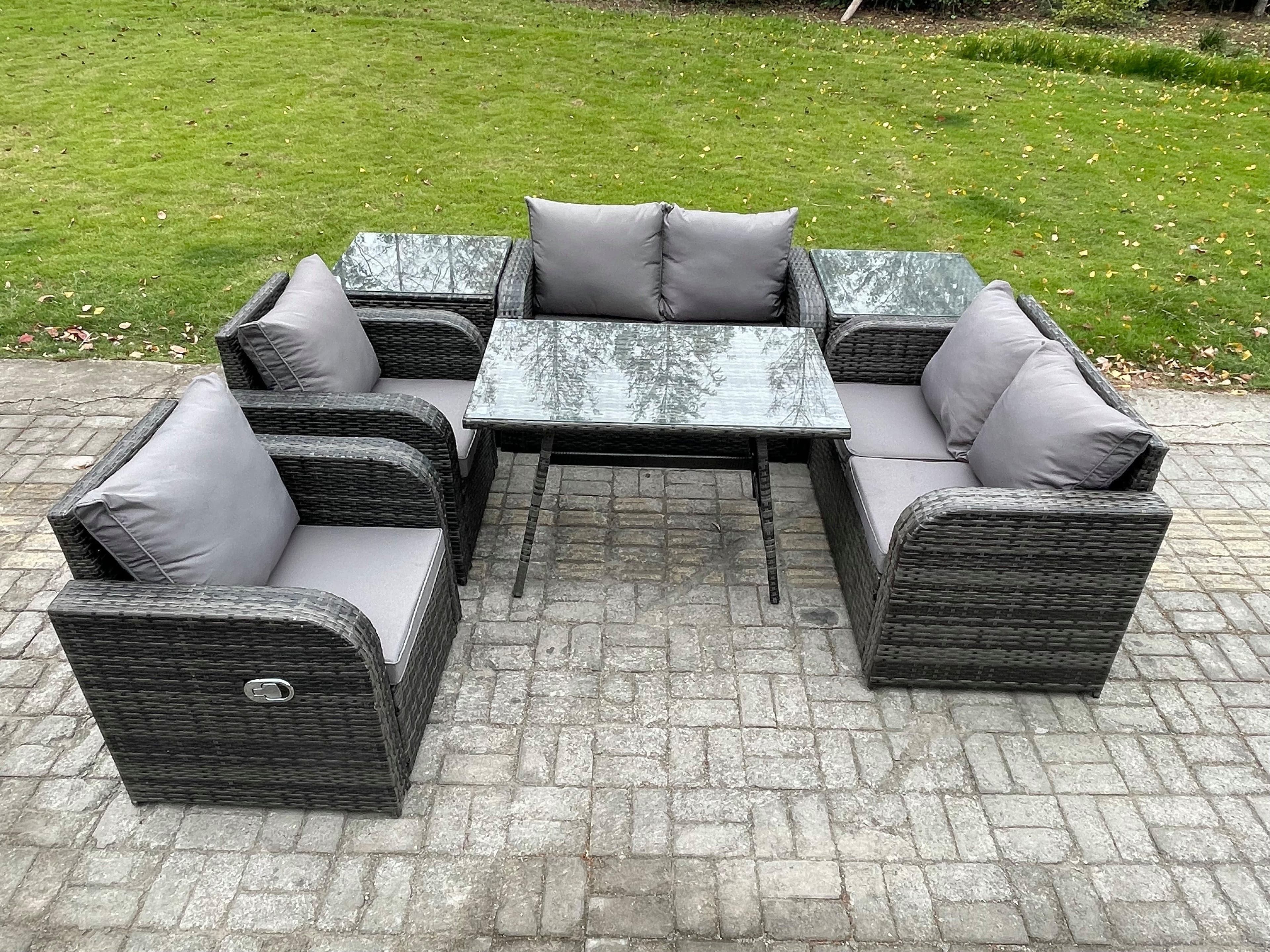 Wicker PE Rattan Garden Dining Set Outdoor Furniture Sofa Rectangular Dining Table 2 Side Tables Dark Grey Mixed