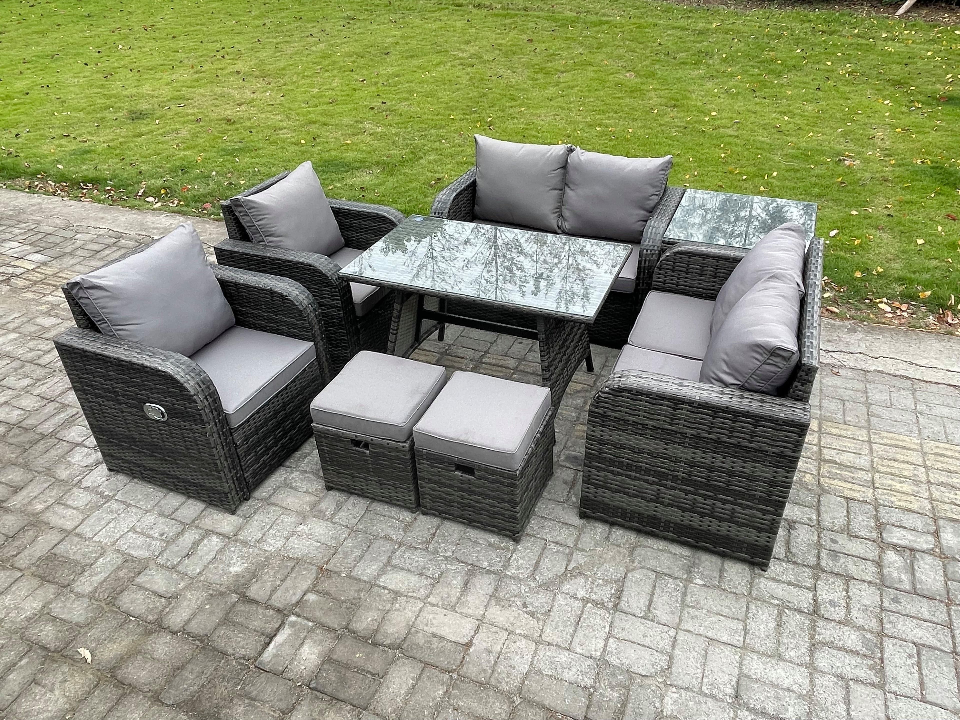 Wicker PE Rattan Garden Dining Set Outdoor Furniture Sofa Rectangular Dining Table Side Table 2 Small Footstools