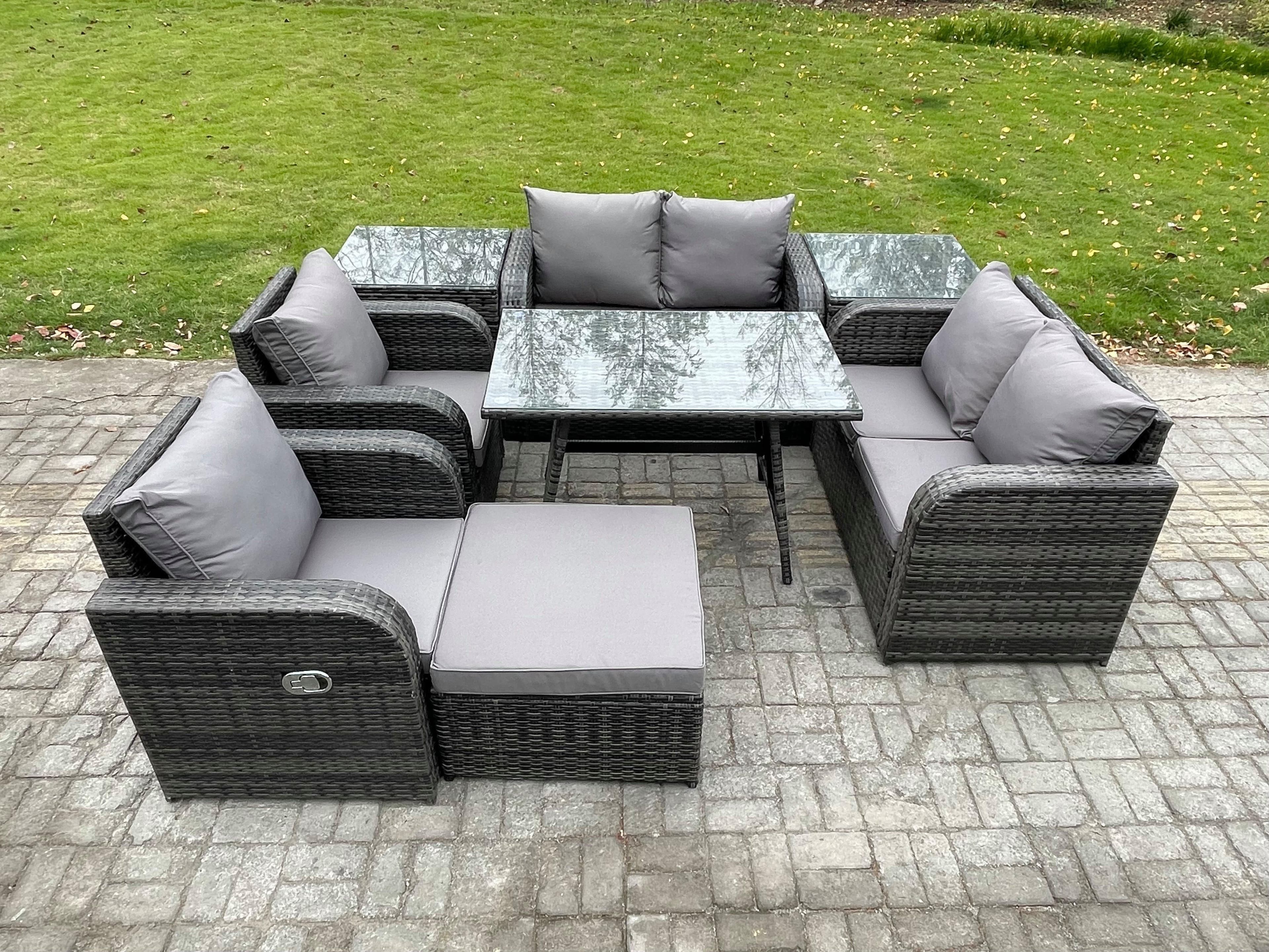 Wicker PE Rattan Garden Dining Set Outdoor Furniture Sofa Rectangular Dining Table 2 Side Tables Big Footstool