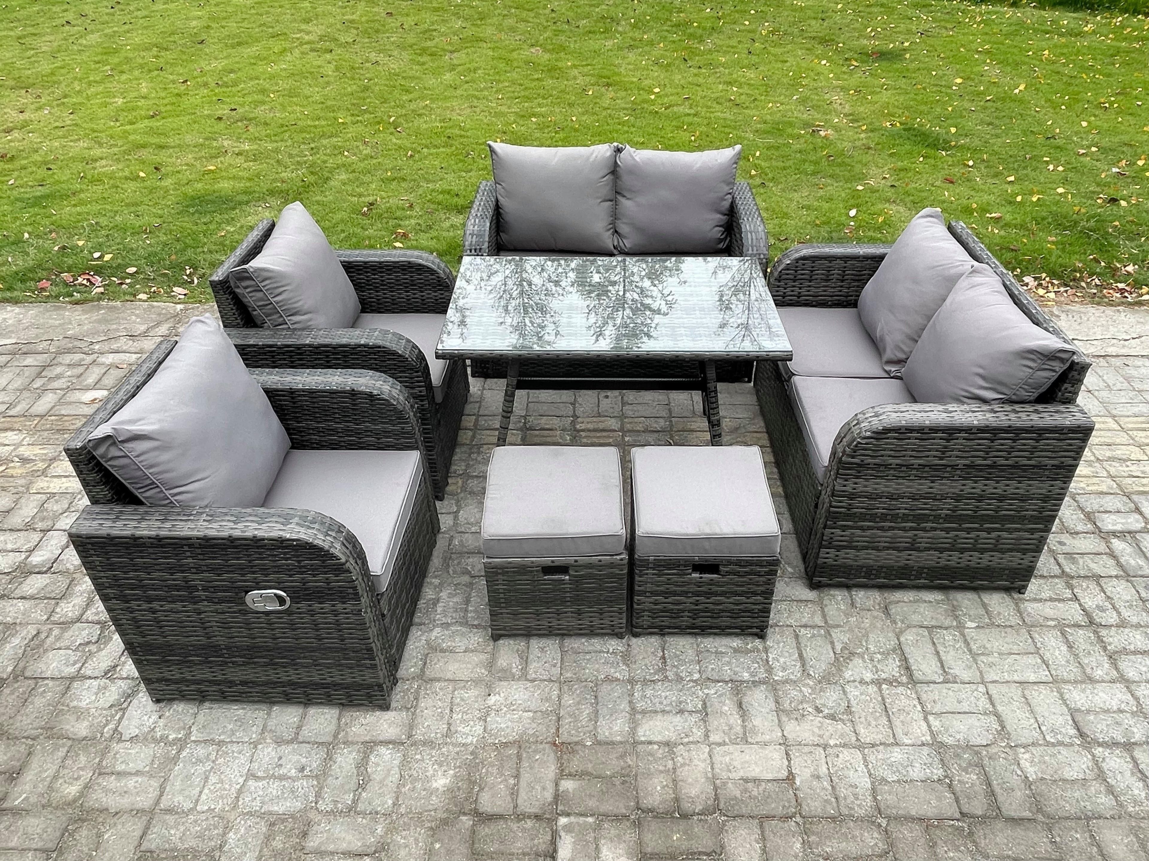 Wicker PE Rattan Garden Dining Set Outdoor Furniture Sofa Rectangular Dining Table 2 Small Footstool Dark Grey Mixed