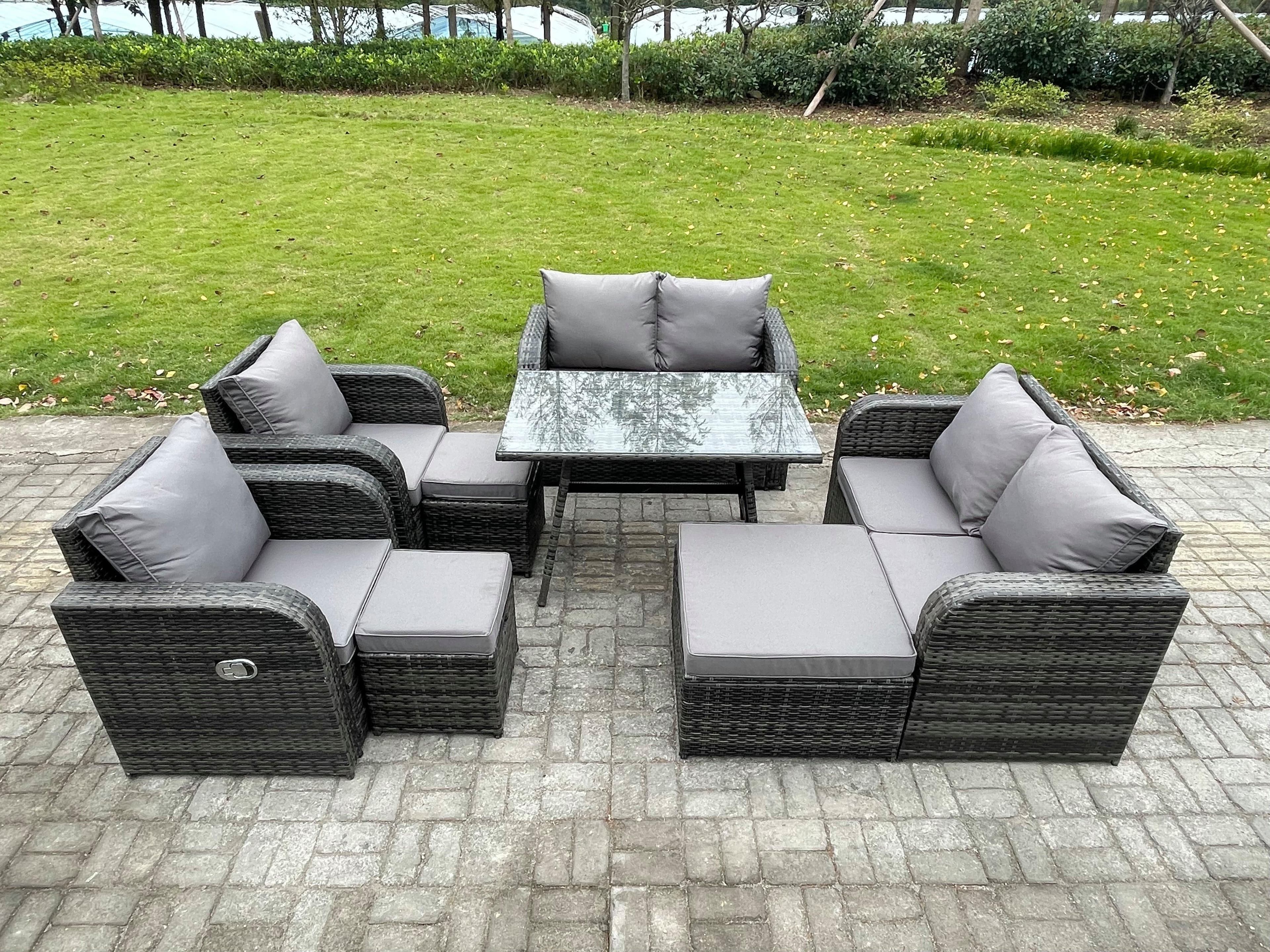 Wicker PE Rattan Garden Dining Set Outdoor Furniture Sofa Rectangular Dining Table 3 Footstools Dark Grey Mixed