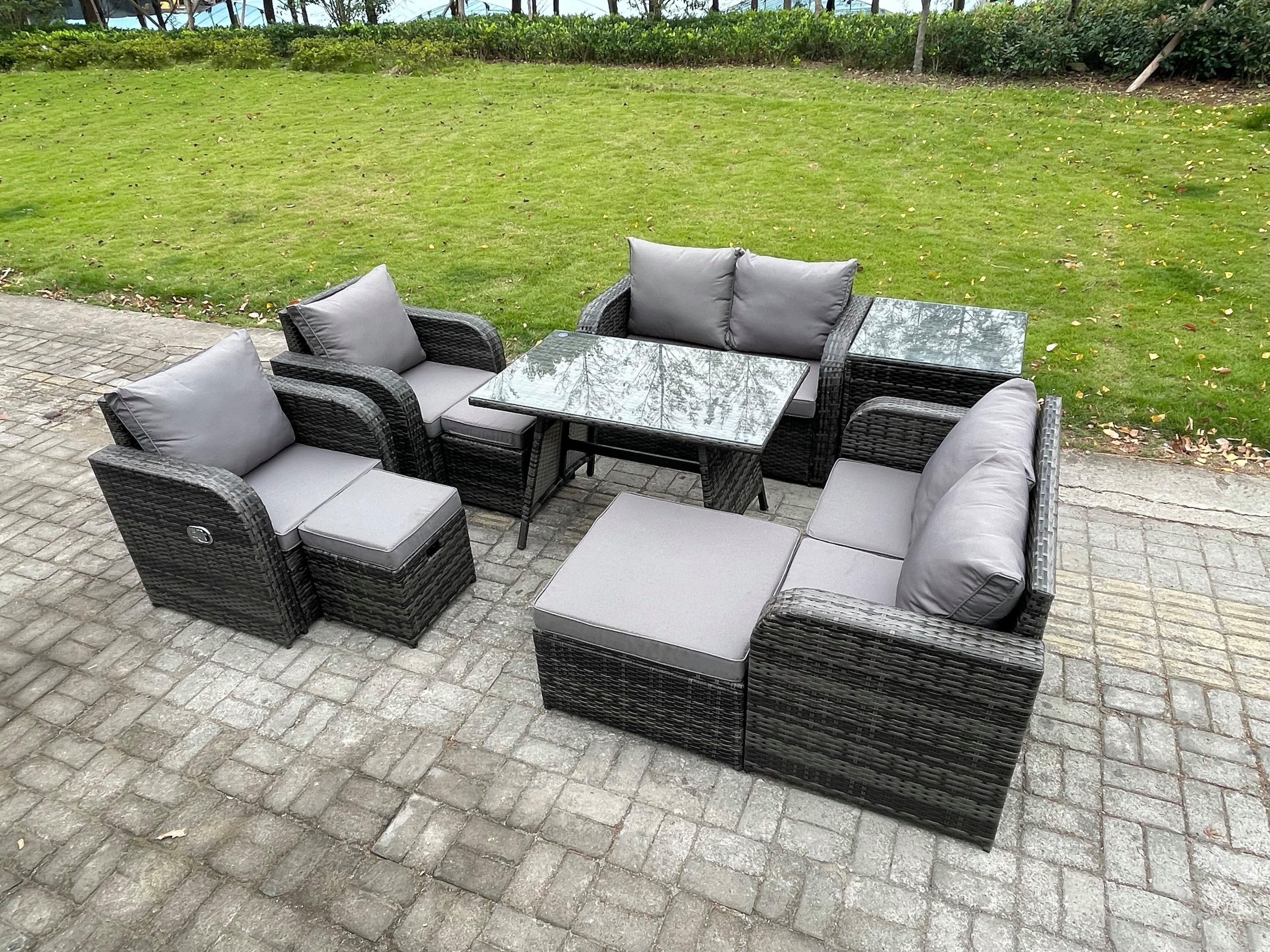 9 Seater Wicker PE Rattan Garden Dining Set Outdoor Furniture Sofa Dining Table Side Table 3 Footstools Dark Grey Mixed