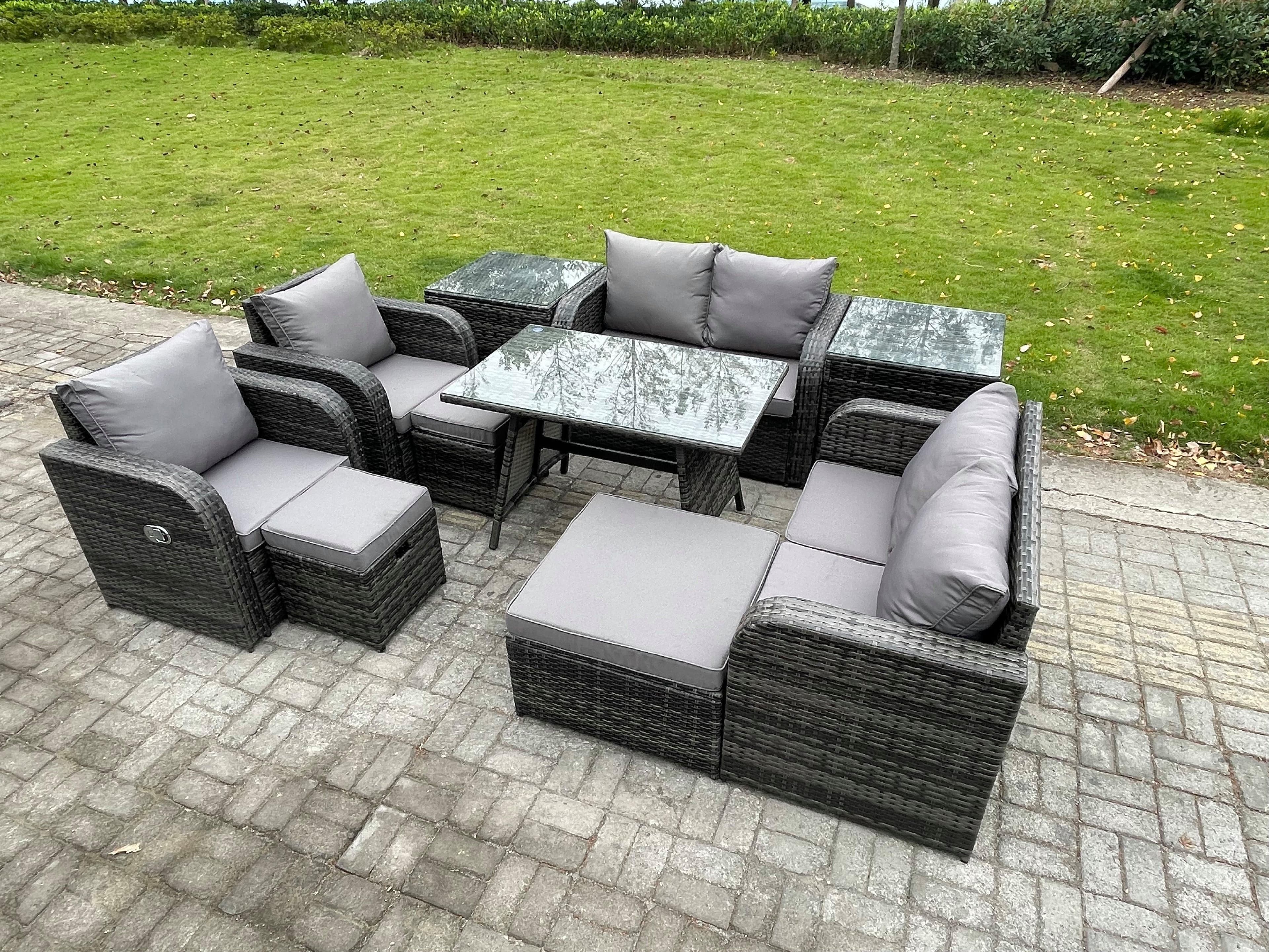 9 Seater Wicker PE Rattan Garden Dining Set Outdoor Furniture Sofa Rectangular Dining Table 3 Footstools Dark Grey Mixed