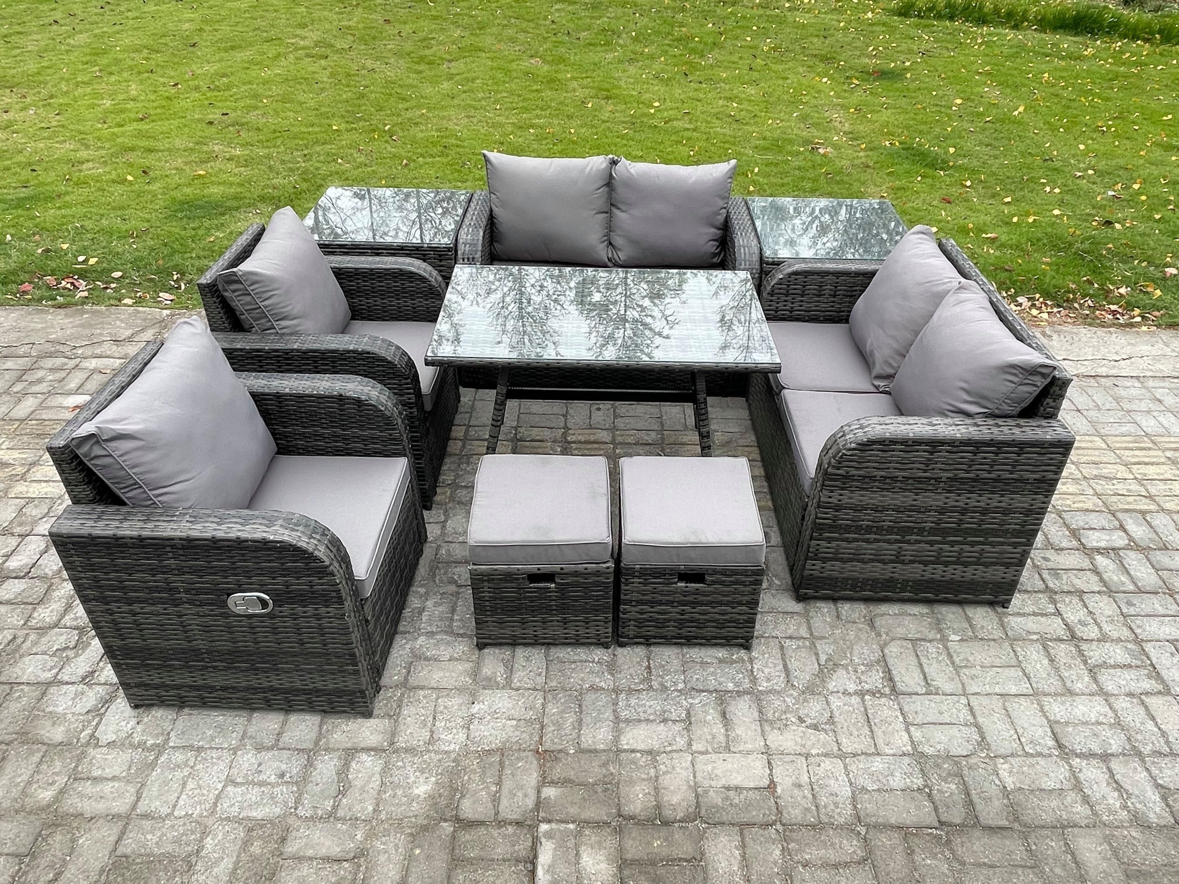 8 Seater Wicker PE Rattan Garden Dining Set Outdoor Furniture Sofa Rectangular Dining Table 2 Small Footstools Dark Grey Mixed