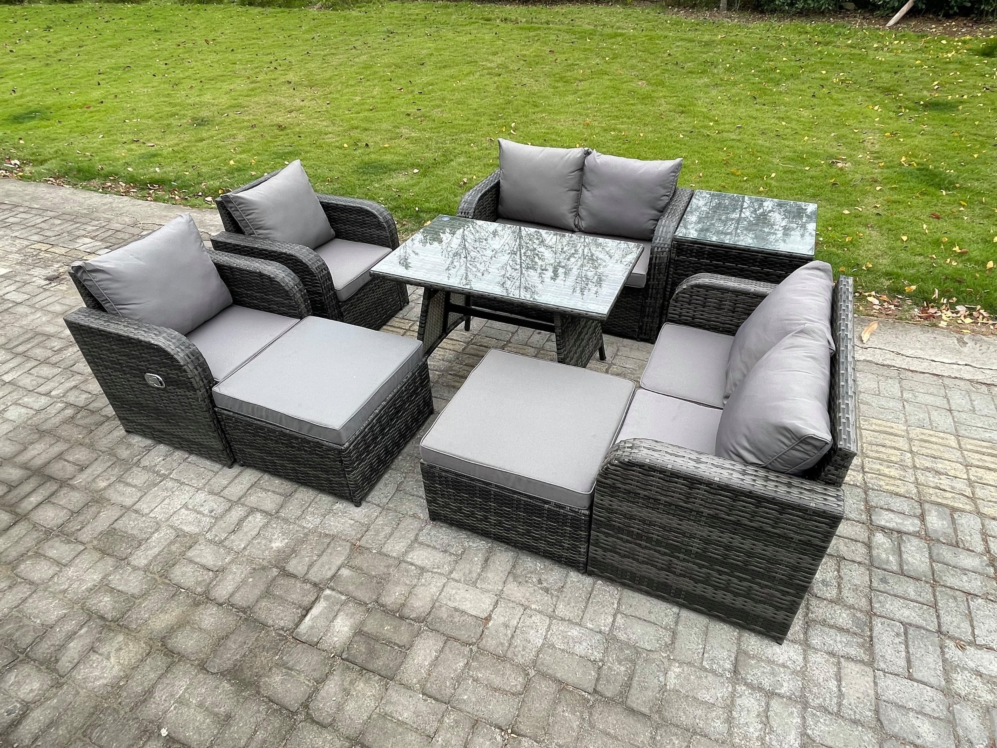 8 Seater Wicker PE Rattan Garden Dining Set Outdoor Furniture Sofa Rectangular Dining Table Side Table 2 Big Footstool