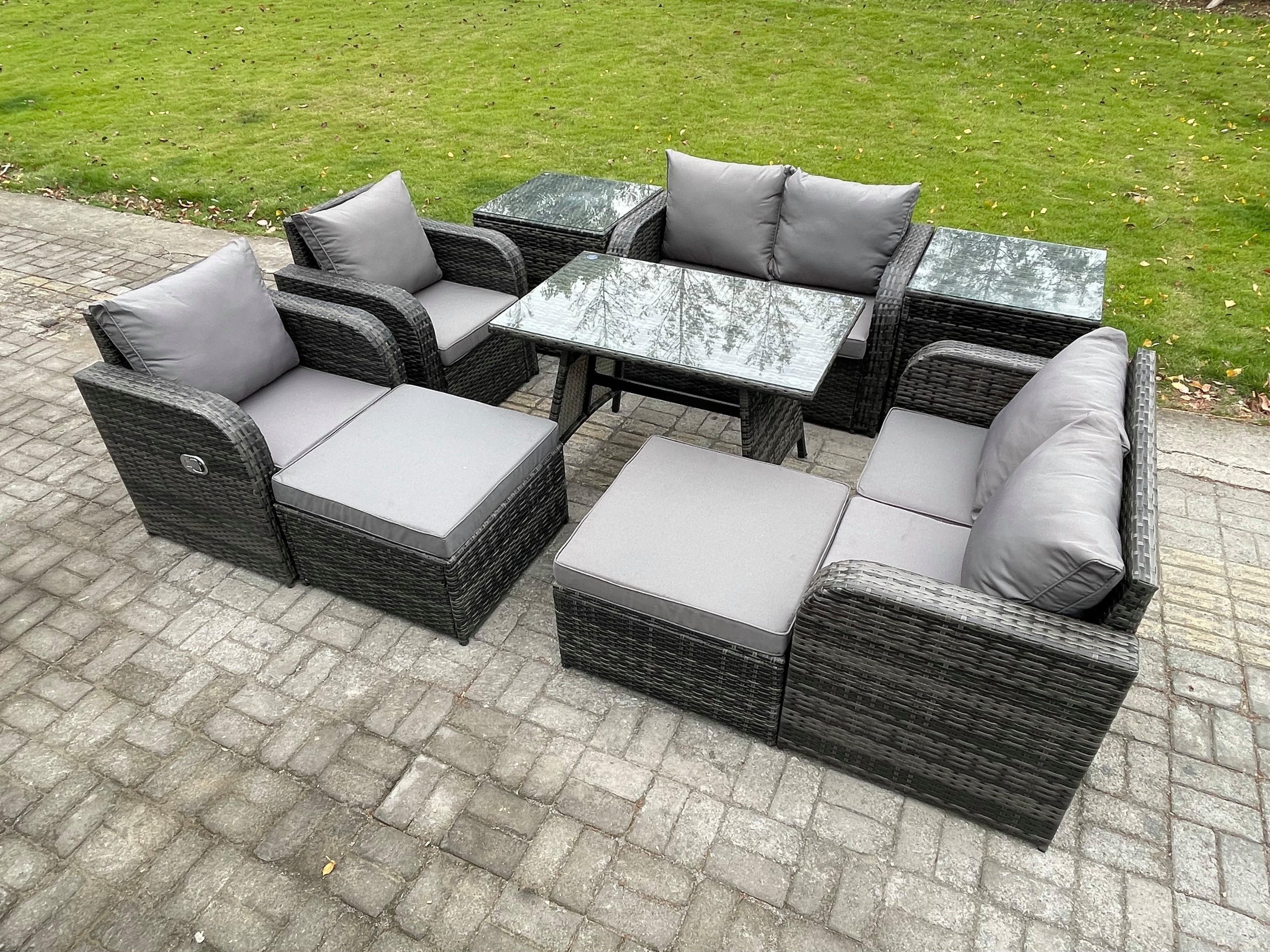 8 Seater Wicker PE Rattan Garden Dining Set Outdoor Furniture Sofa Rectangular Dining Table 2 Side Tables 2 Big Footstool