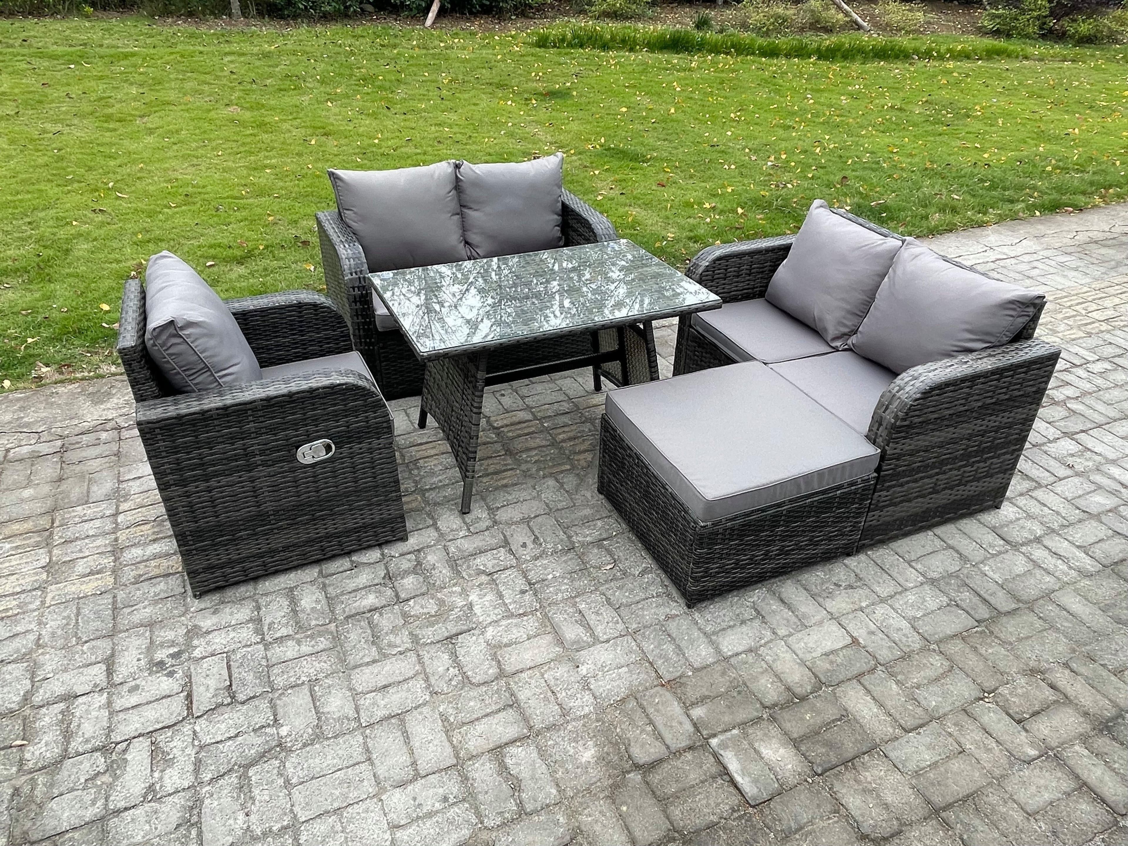 Outdoor Garden Dining Sets Rattan Furniture Dining Table Armchairs Love Sofa Big Footstool Dark Grey Mixed