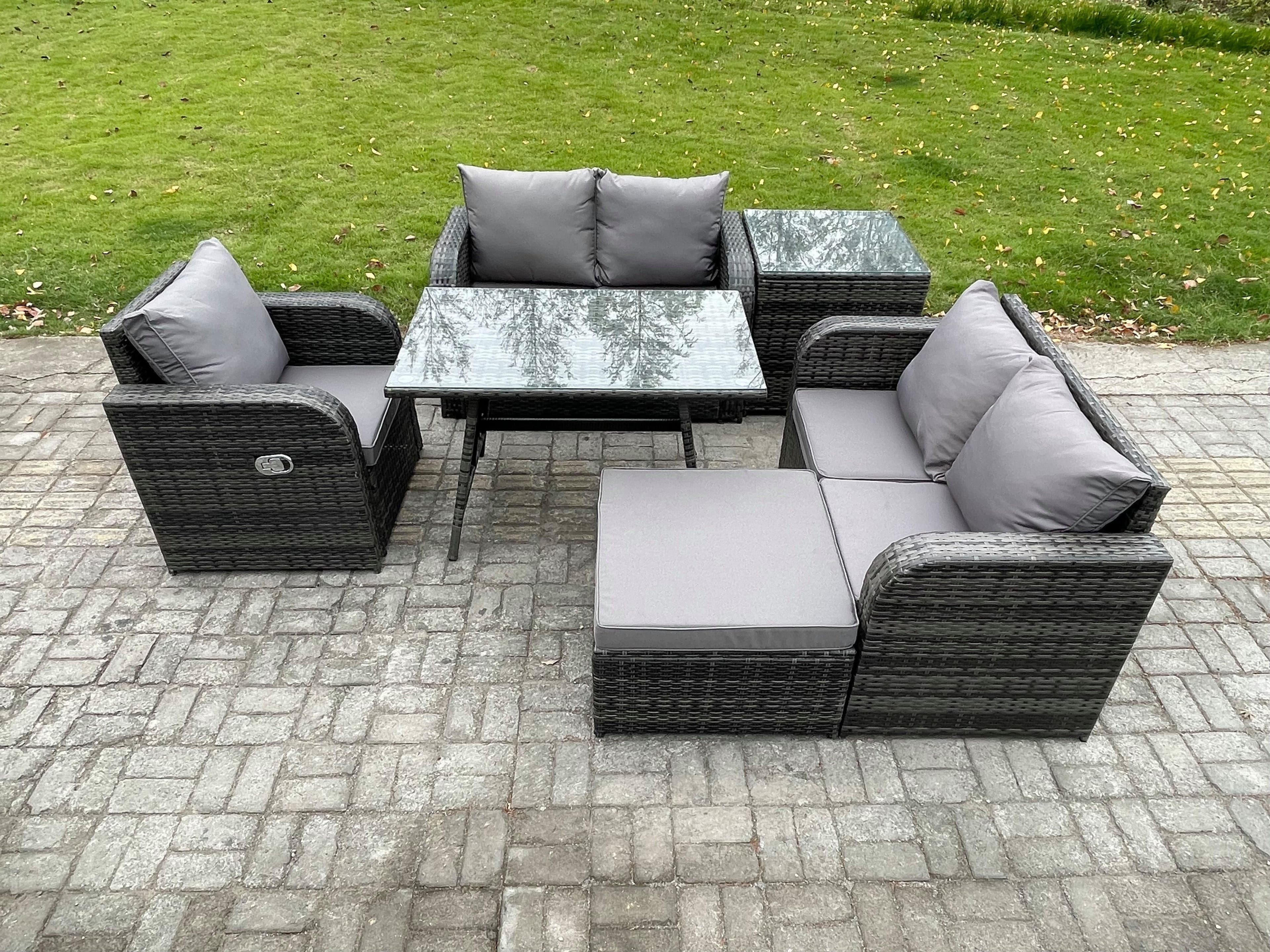 6 Pieces Outdoor Garden Dining Sets Rattan Furniture Dining Table Armchairs Love Sofa Big Footstool Side Table Dark Grey Mixed