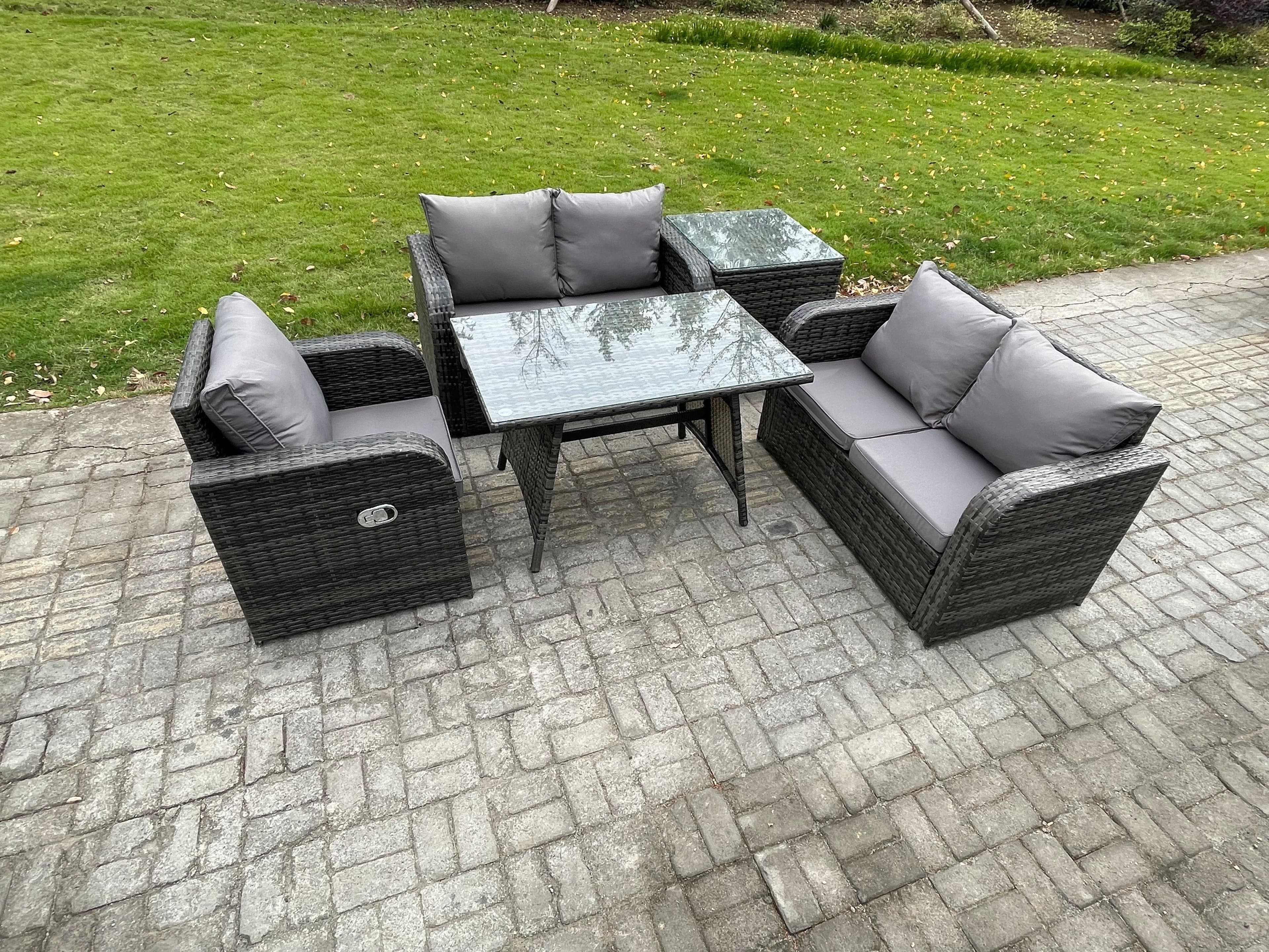 5 Pieces Outdoor Garden Dining Sets Rattan Furniture Dining Table Armchairs Love Sofa Side Table Dark Grey Mixed