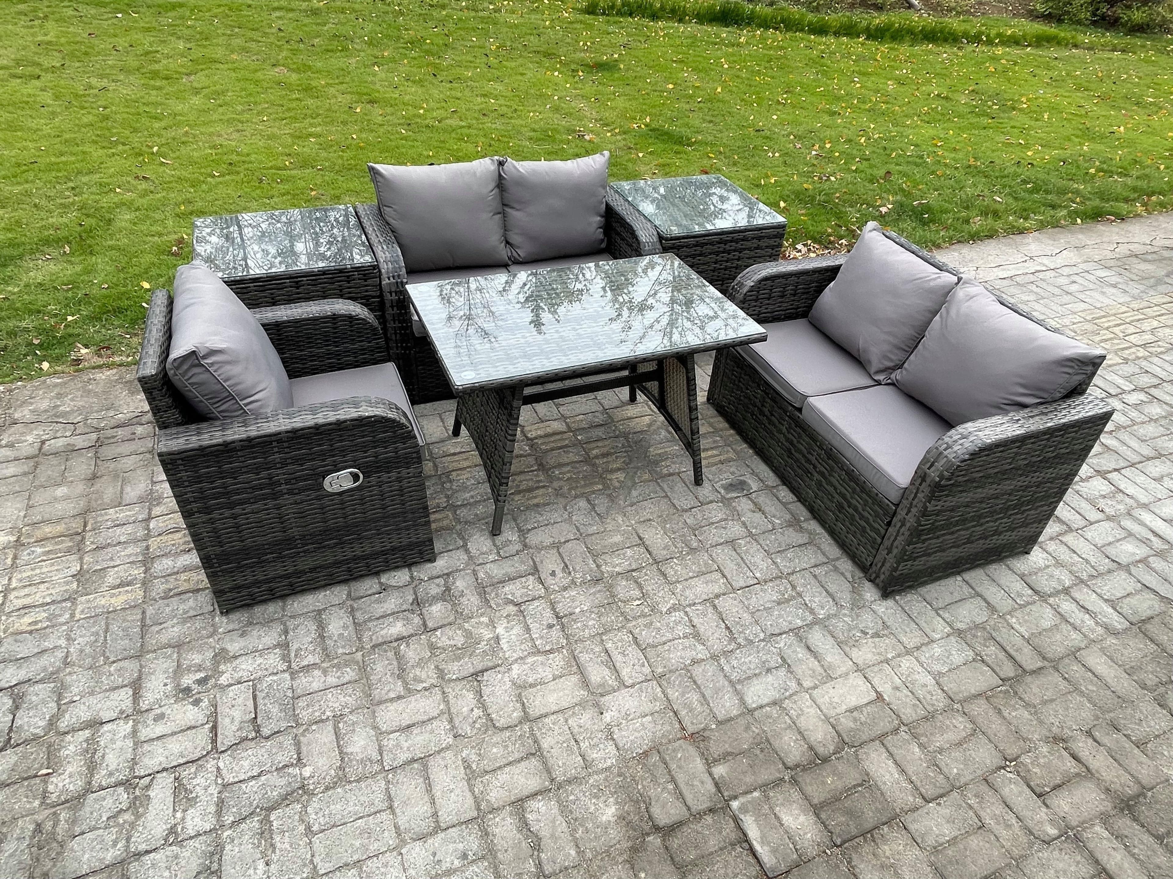 6 Pieces Outdoor Garden Dining Sets Rattan Furniture Dining Table Armchairs Love Sofa 2 Side Tables Dark Grey Mixed