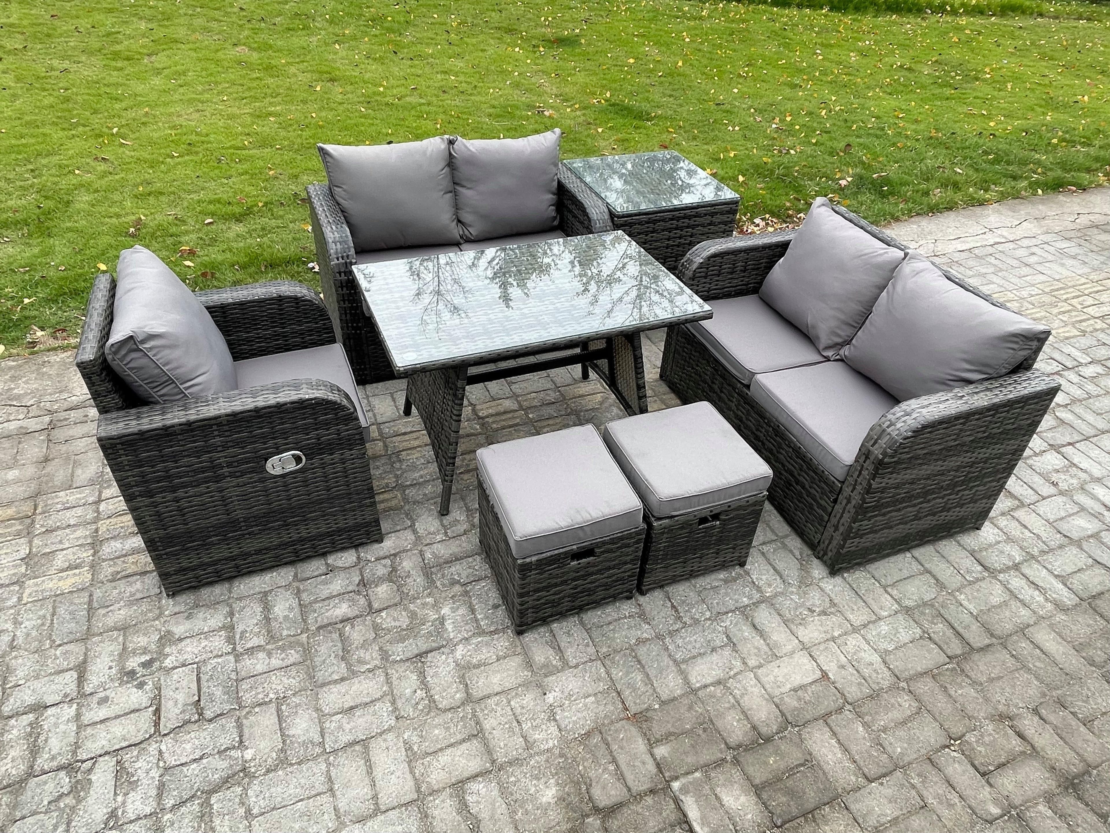 7 Pieces Outdoor Garden Dining Sets Rattan Furniture Dining Table Armchairs Love Sofa Side Table 2 Small Footstools Dark Grey Mixed