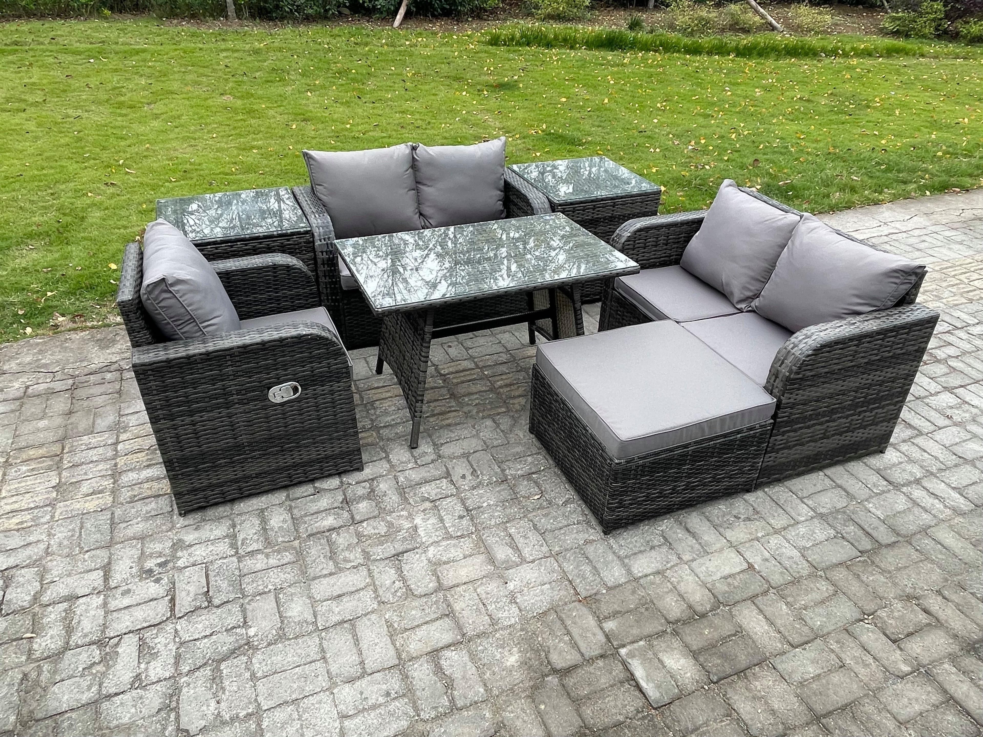 7 Pieces Outdoor Garden Dining Sets Rattan Furniture Dining Table Armchairs Love Sofa 2 Side Tables Big Footstool Dark Grey Mixed