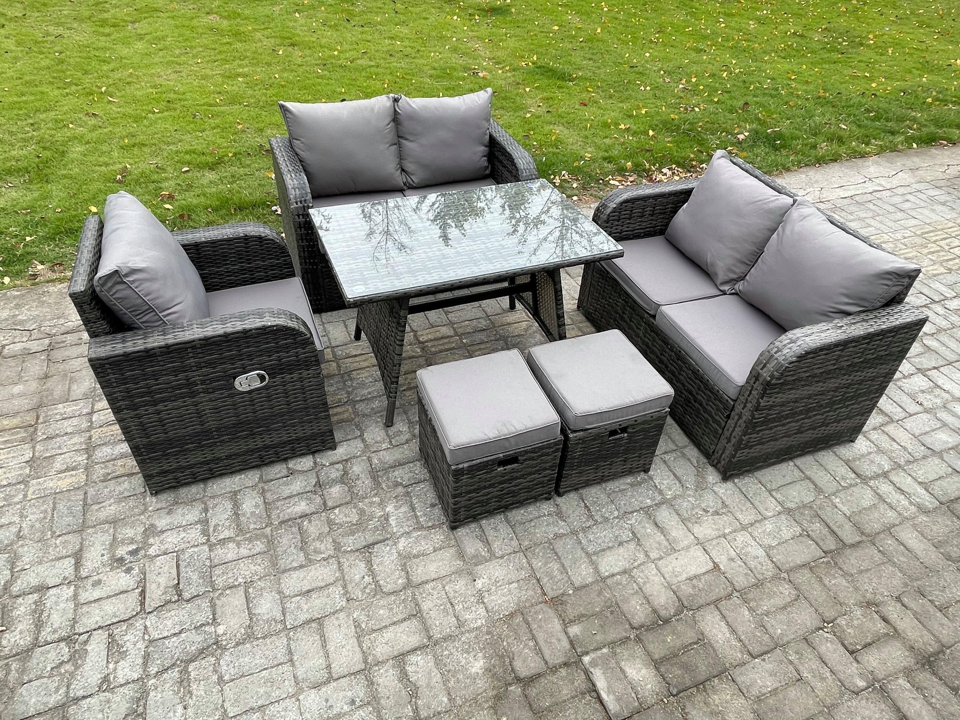 6 Pieces Outdoor Garden Dining Sets Rattan Furniture Dining Table Armchairs Love Sofa 2 Small Footstools Dark Grey Mixed
