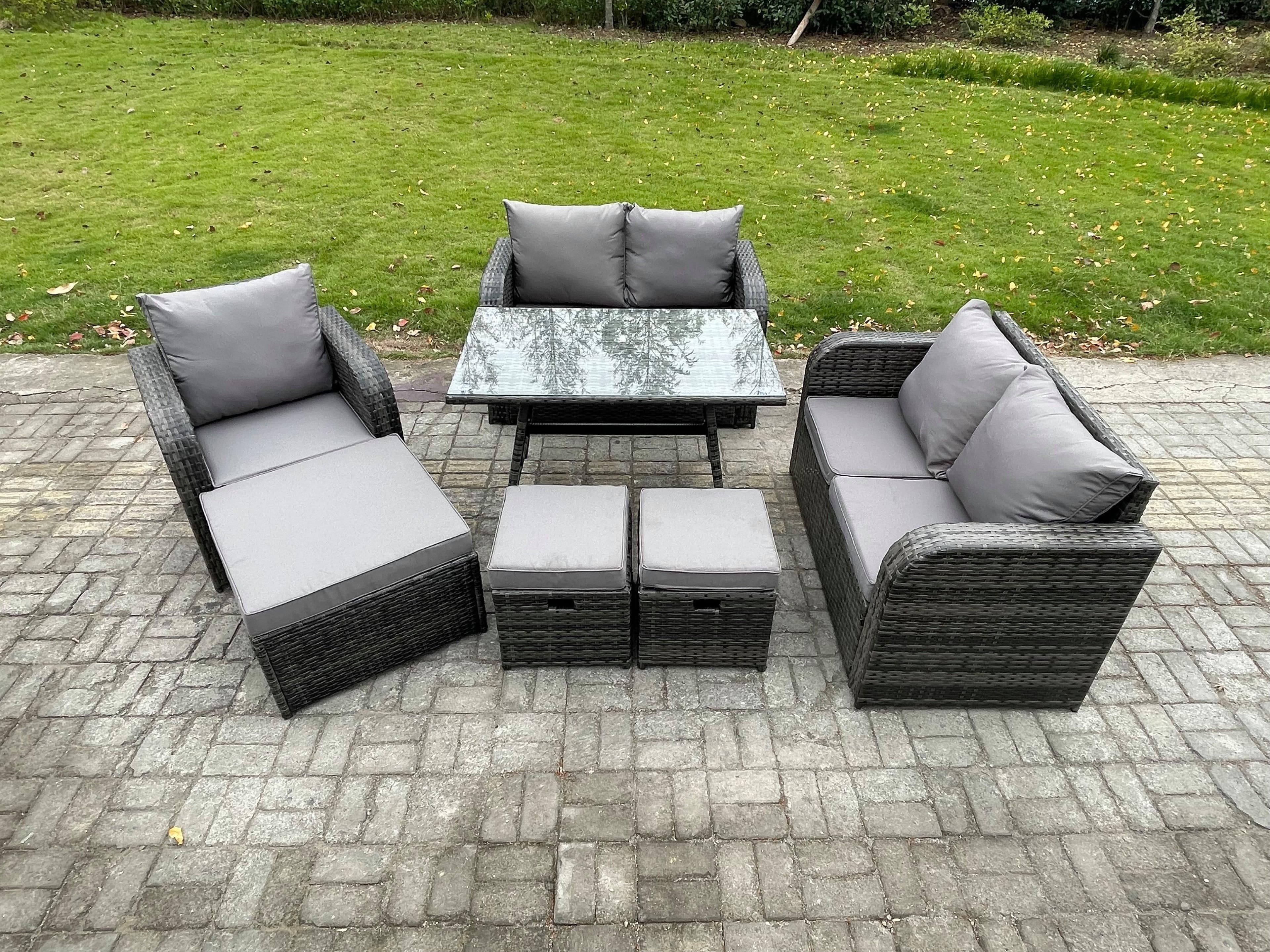 8 Seater Outdoor Garden Dining Sets Rattan Furniture Dining Table Armchairs Love Sofa 3 Footstools Dark Grey Mixed