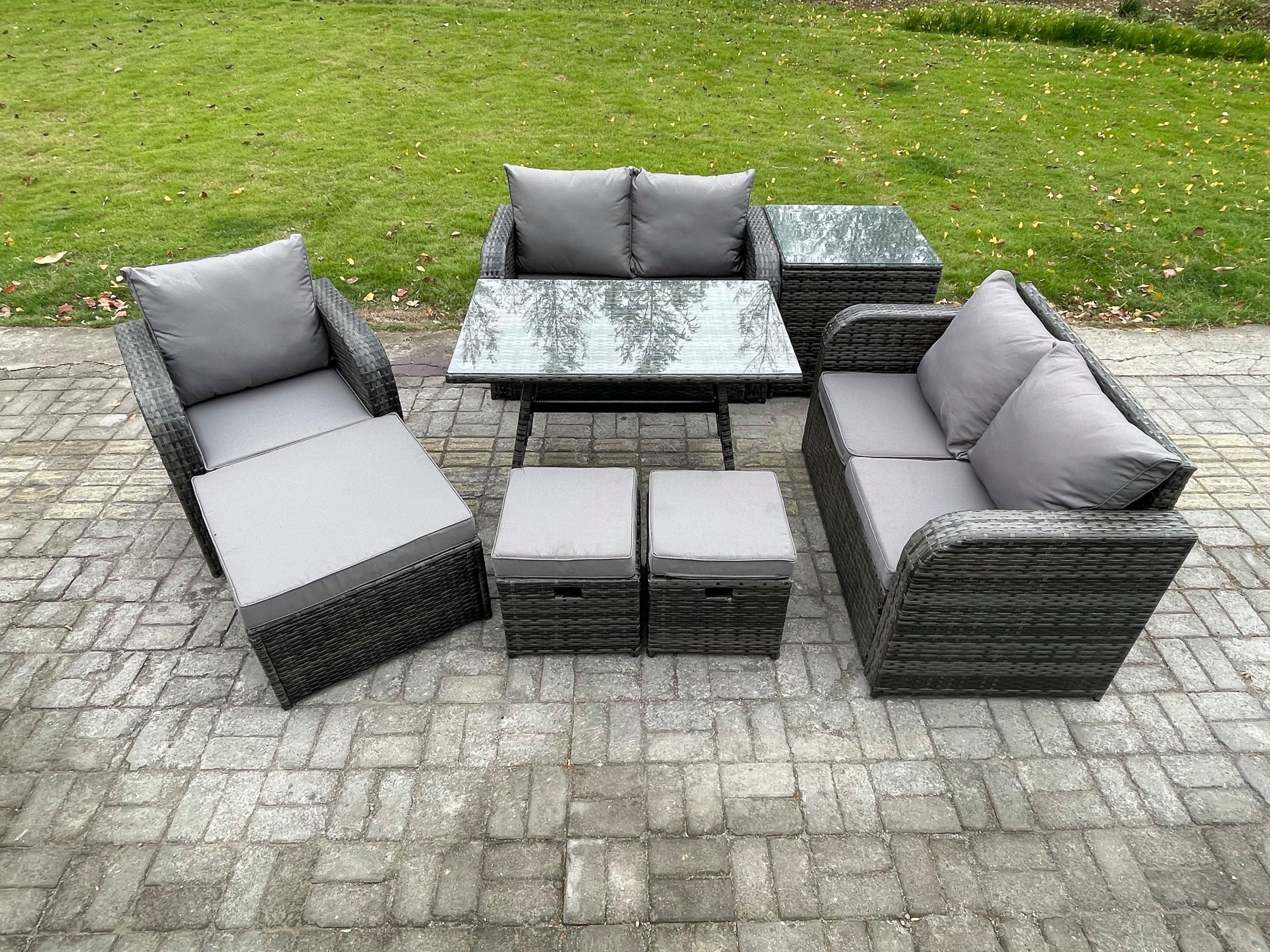 8 Seater Outdoor Garden Dining Sets Rattan Furniture Dining Table Armchairs Love Sofa 3 Footstools Side Table Dark Grey Mixed