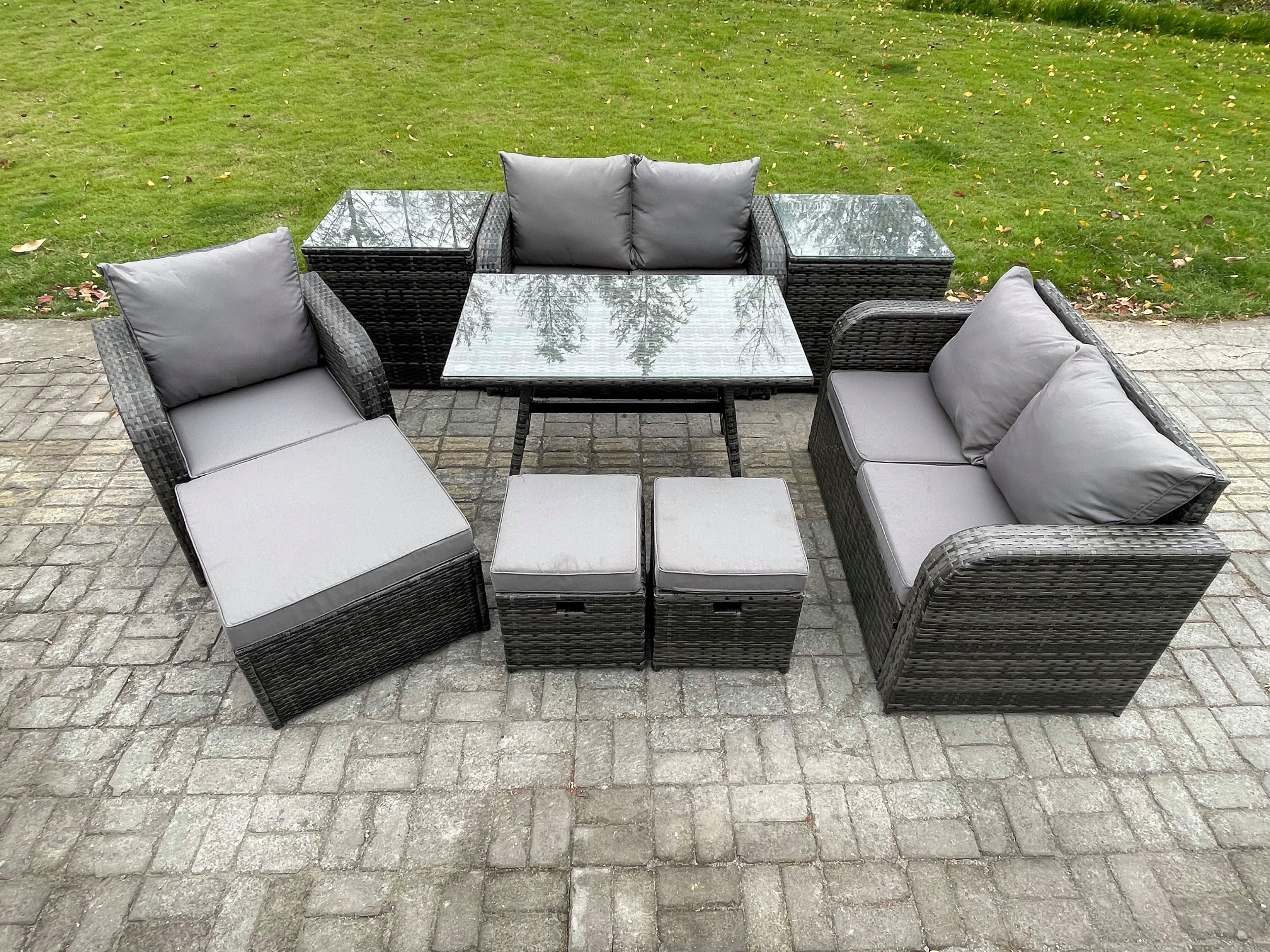 8 Seater Outdoor Garden Dining Sets Rattan Furniture Dining Table Armchairs Love Sofa 3 Footstools 2 Side Tables Dark Grey Mixed