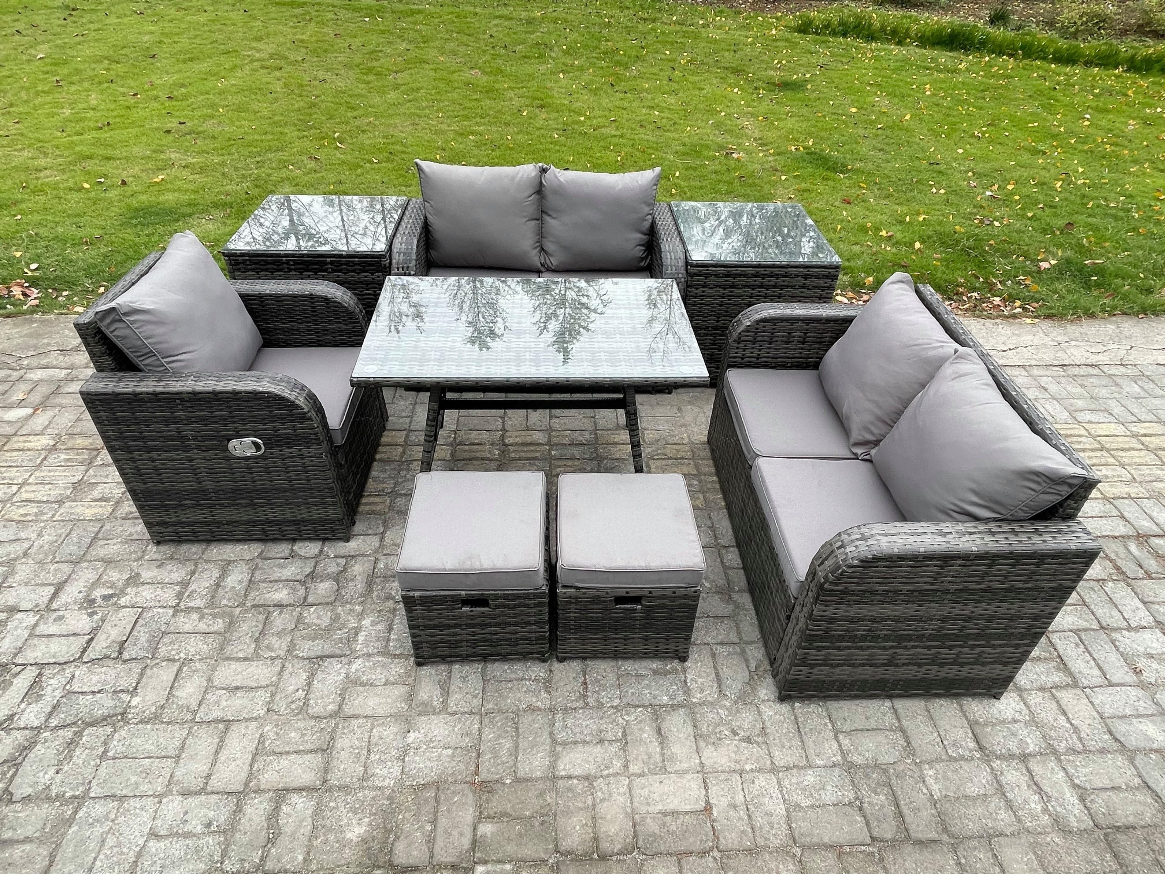 7 Seater Outdoor Garden Dining Sets Rattan Furniture Dining Table Armchairs Love Sofa 2 Small Footstools 2 Side Tables Dark Grey Mixed