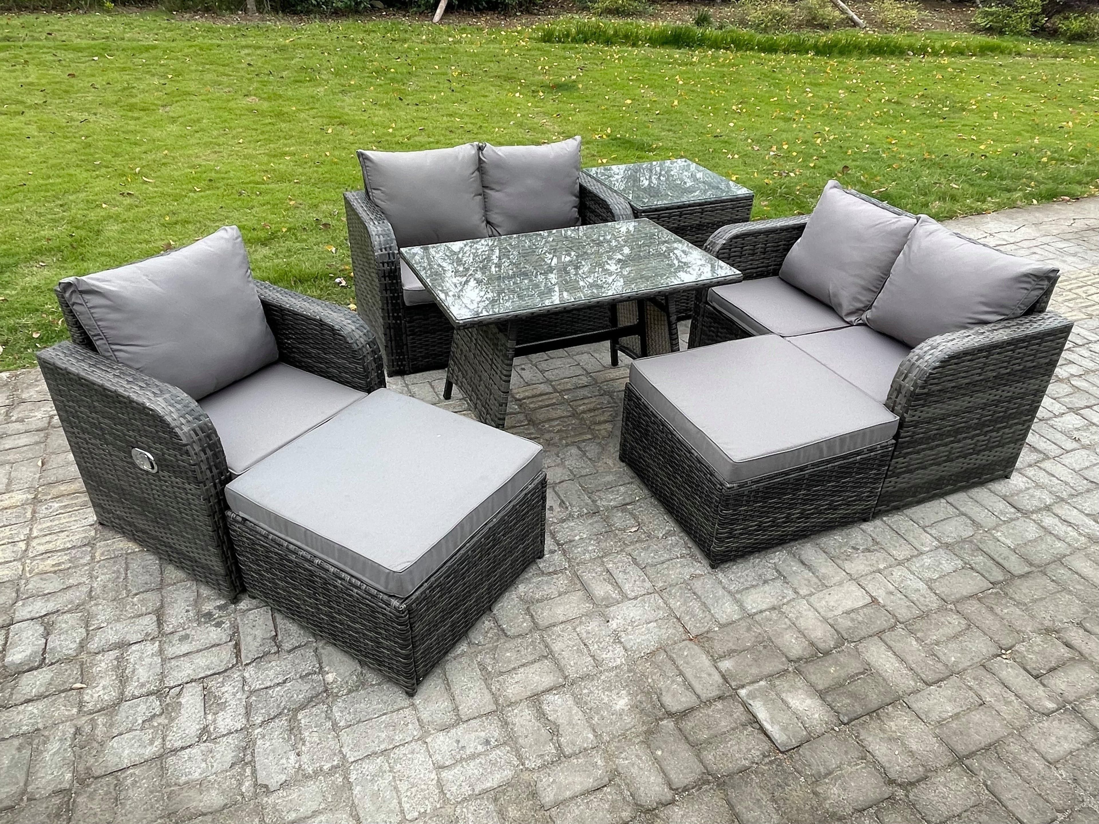 7 Seater Outdoor Garden Dining Sets Rattan Furniture Dining Table Armchairs Love Sofa 2 Big Footstool Side Table Dark Grey Mixed