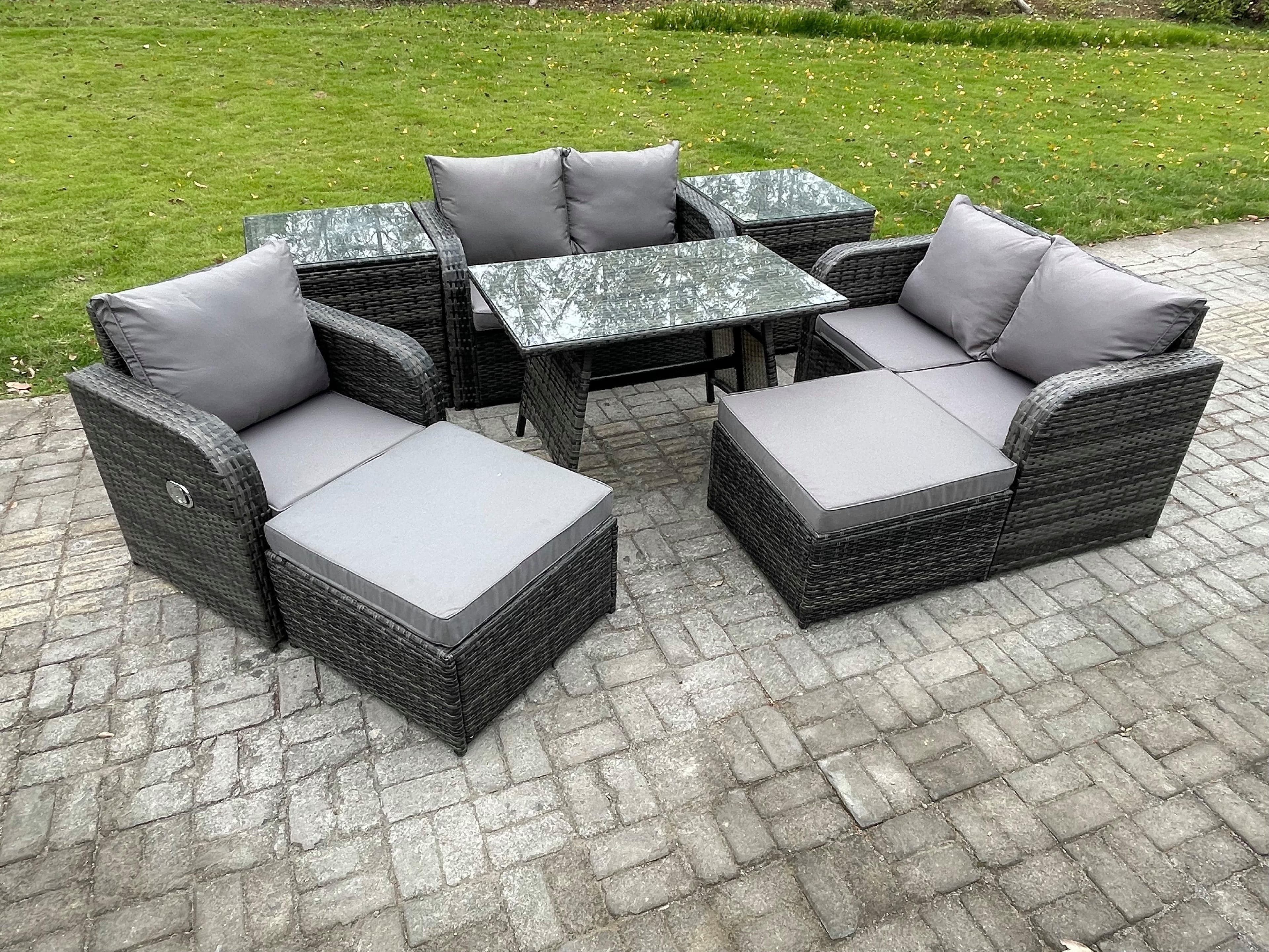 7 Seater Outdoor Garden Dining Sets Rattan Furniture Dining Table Armchairs Love Sofa 2 Big Footstool 2 Side Tables Dark Grey Mixed