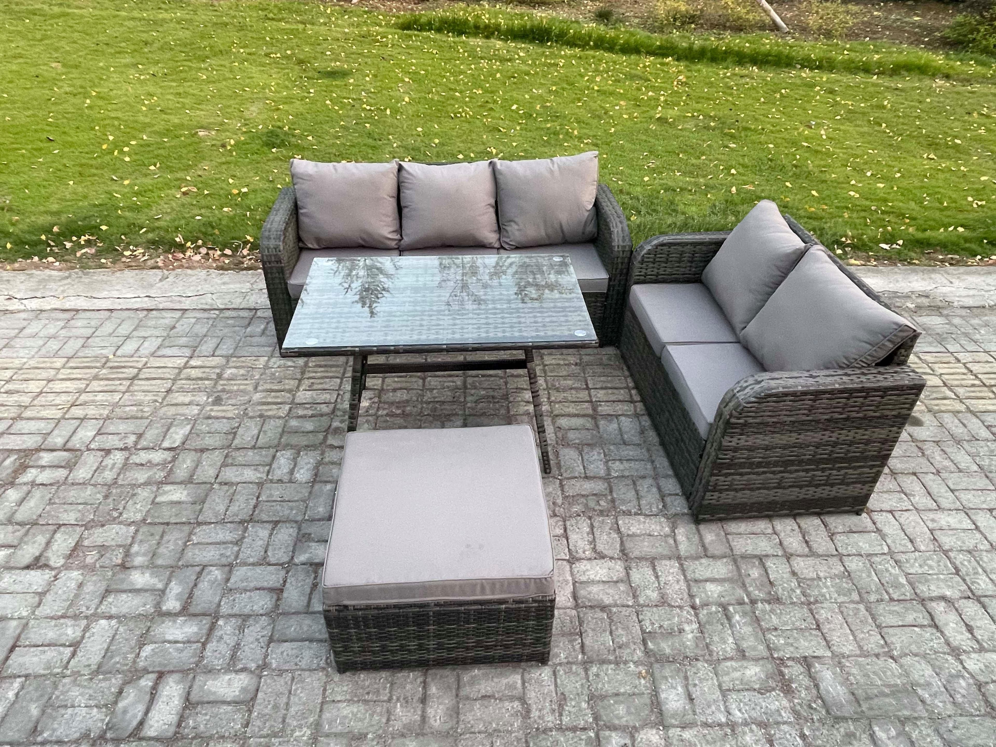 High Back PE Rattan Sofa Set Outdoor Garden Furniture Dining Table Set Love Sofa 3 Seater Sofa Big Footstool