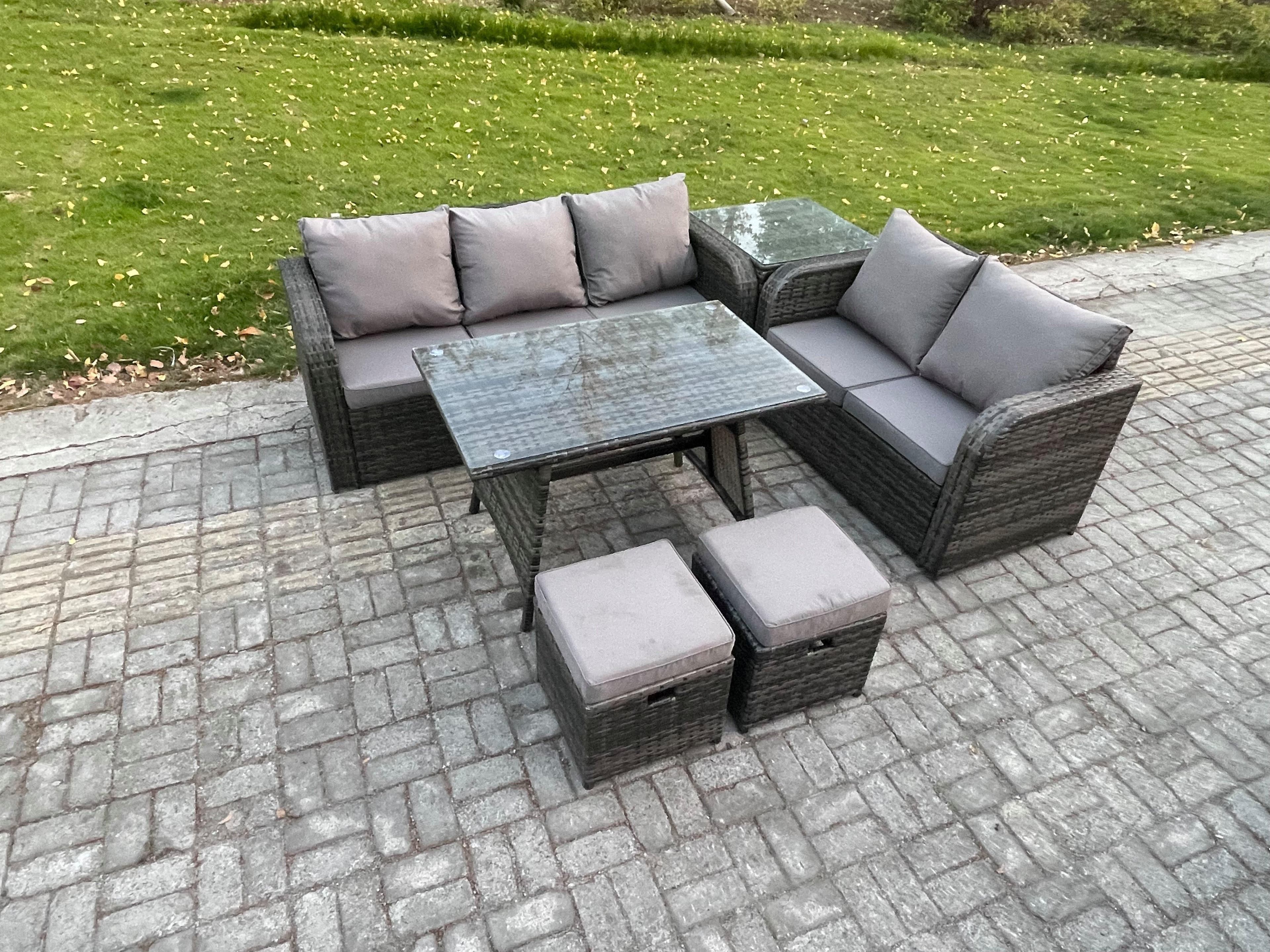 High Back PE Rattan Sofa Set Outdoor Garden Furniture Dining Table Set Love Sofa 3 Seater Sofa 2 Small Footstool