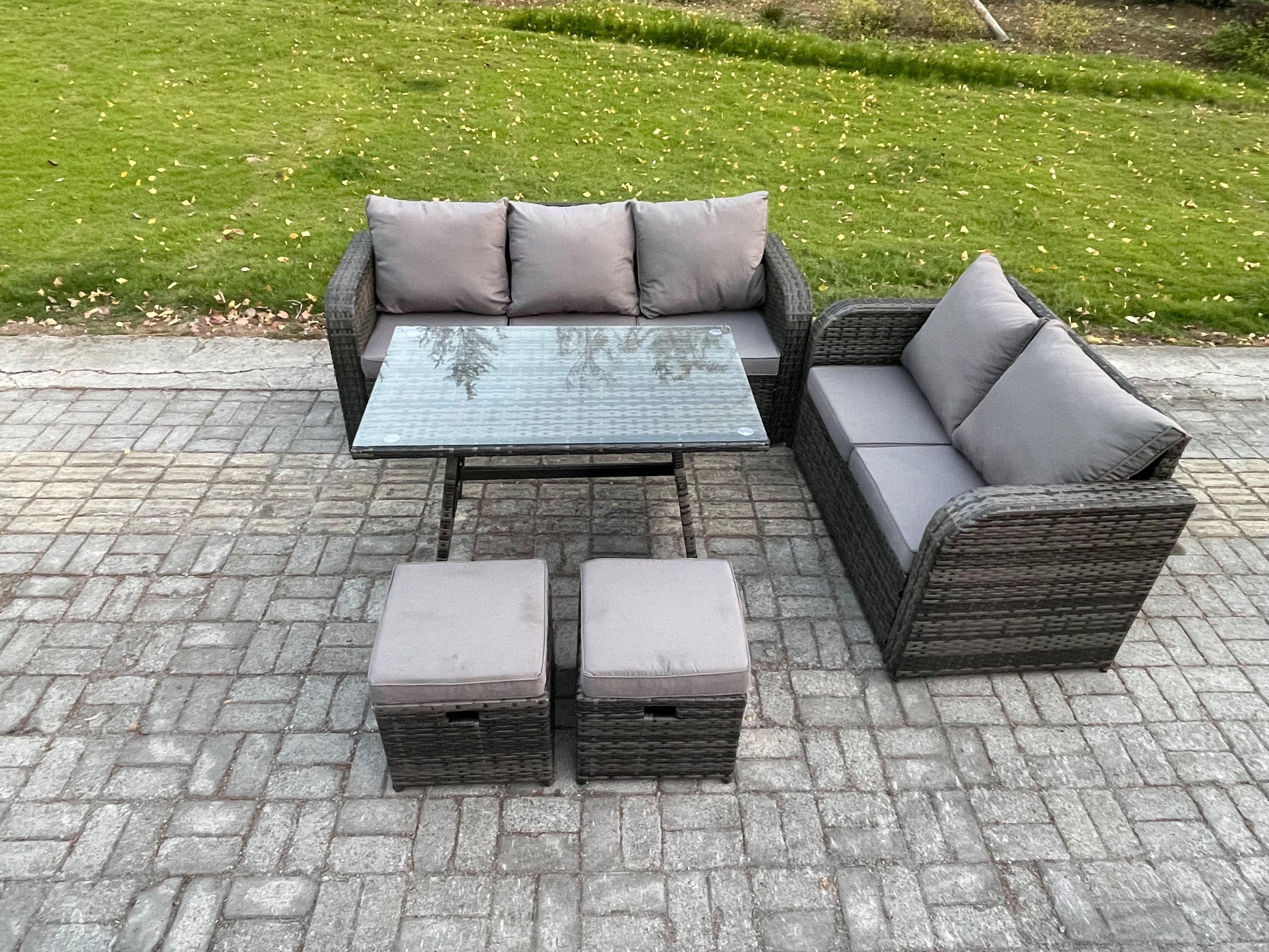 High Back PE Rattan Sofa Set Outdoor Garden Furniture Dining Table Set Love Sofa 3 Seater Sofa 2 Small Footstool