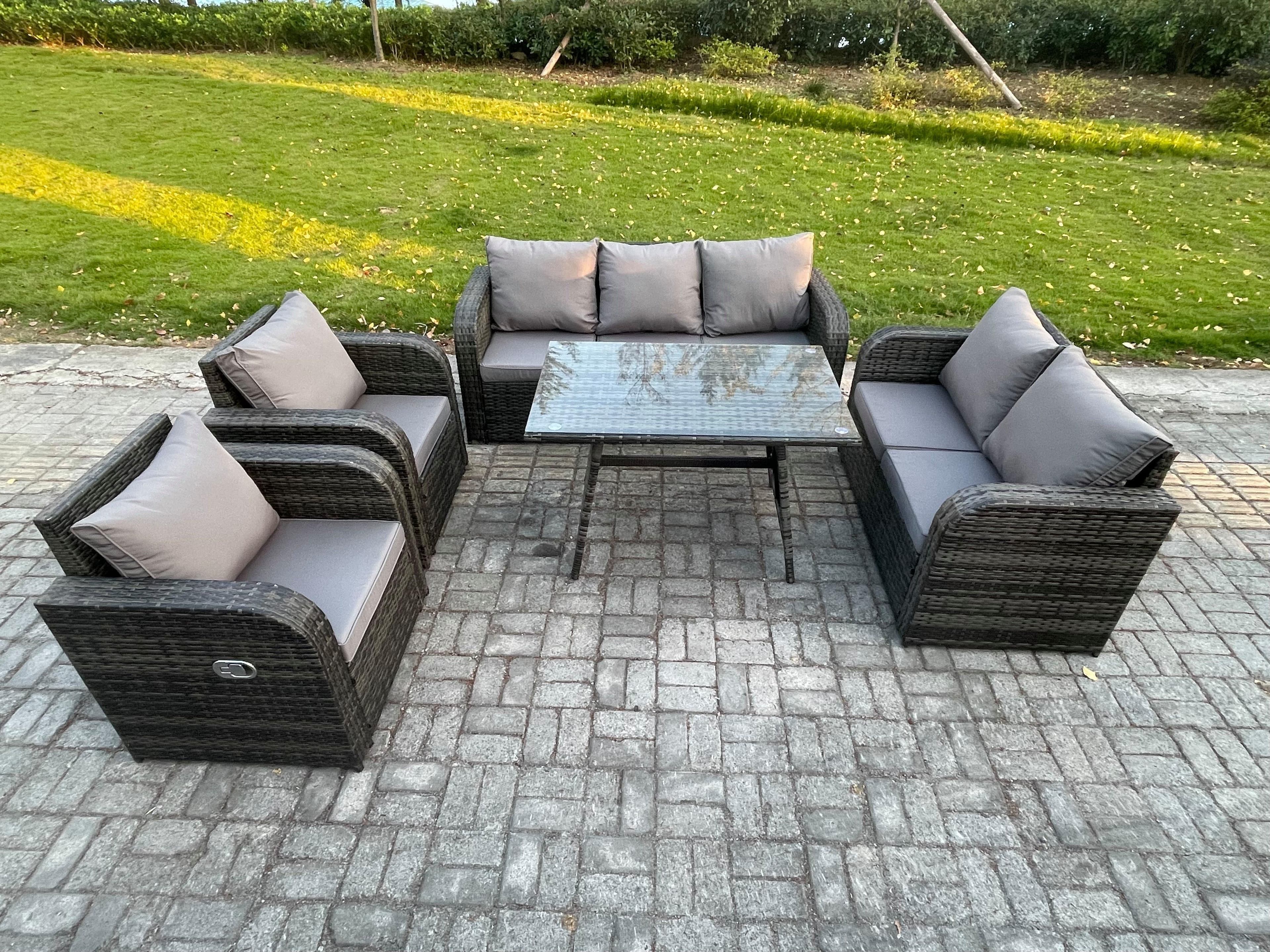 7 Seater High Back PE Rattan Sofa Set Outdoor Garden Furniture Dining Table Set Reclining Chair 3 Seater Sofa