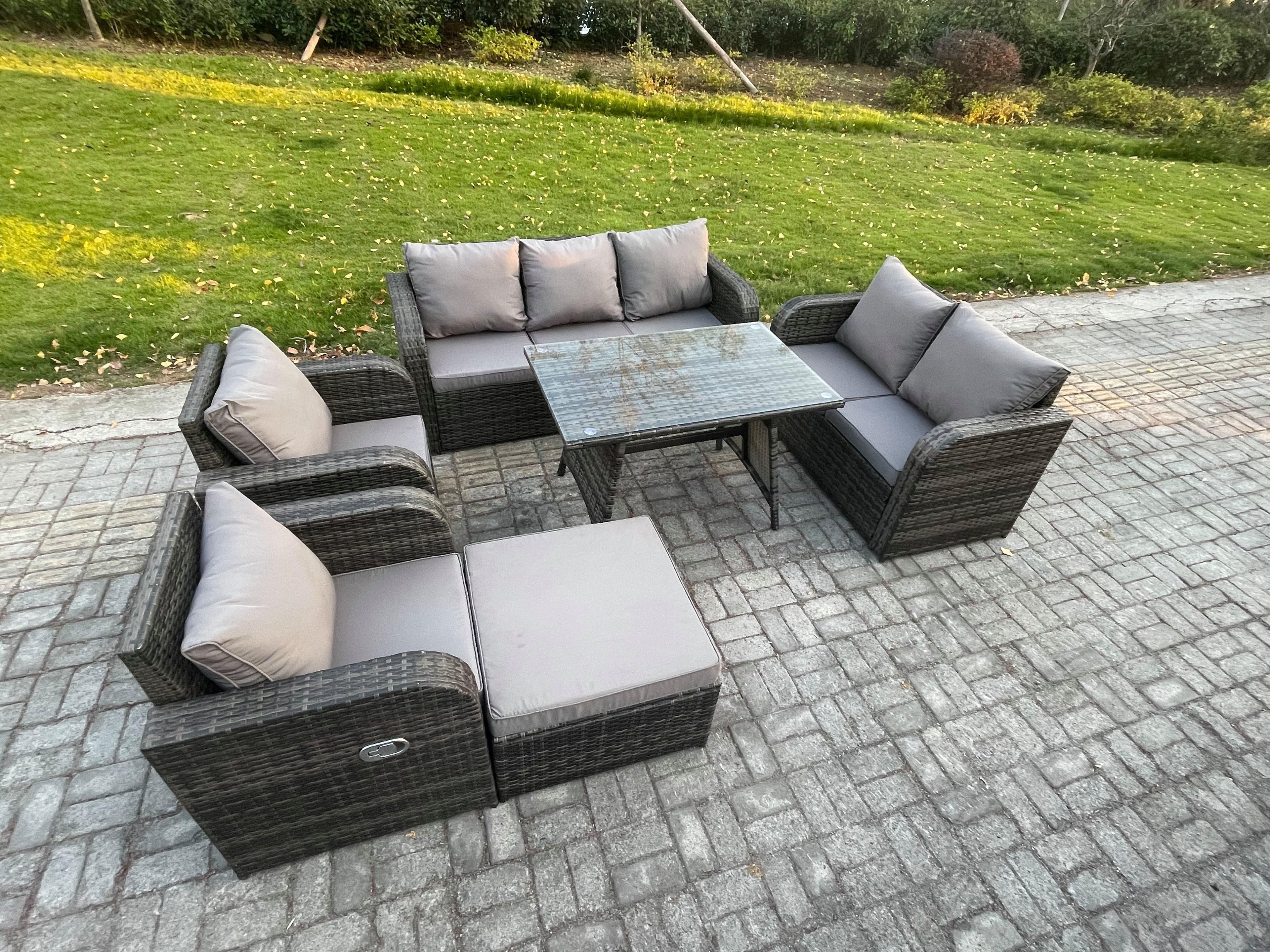 8 Seater High Back PE Rattan Sofa Set Outdoor Garden Furniture Dining Table Set Reclining Chair 3 Seater Sofa
