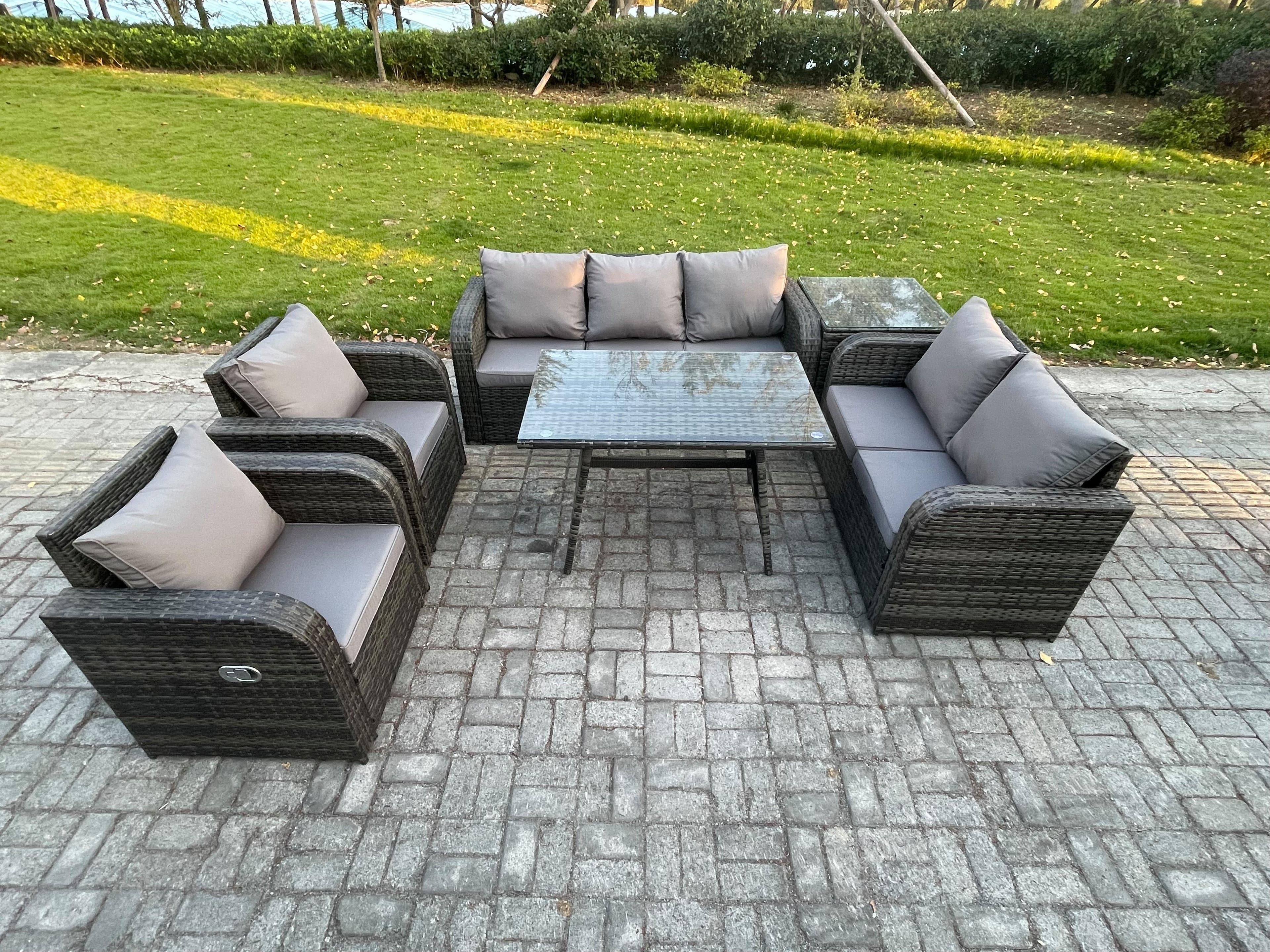 7 Seater High Back PE Rattan Sofa Set Outdoor Garden Furniture Dining Table Set Reclining Chair 3 Seater Sofa