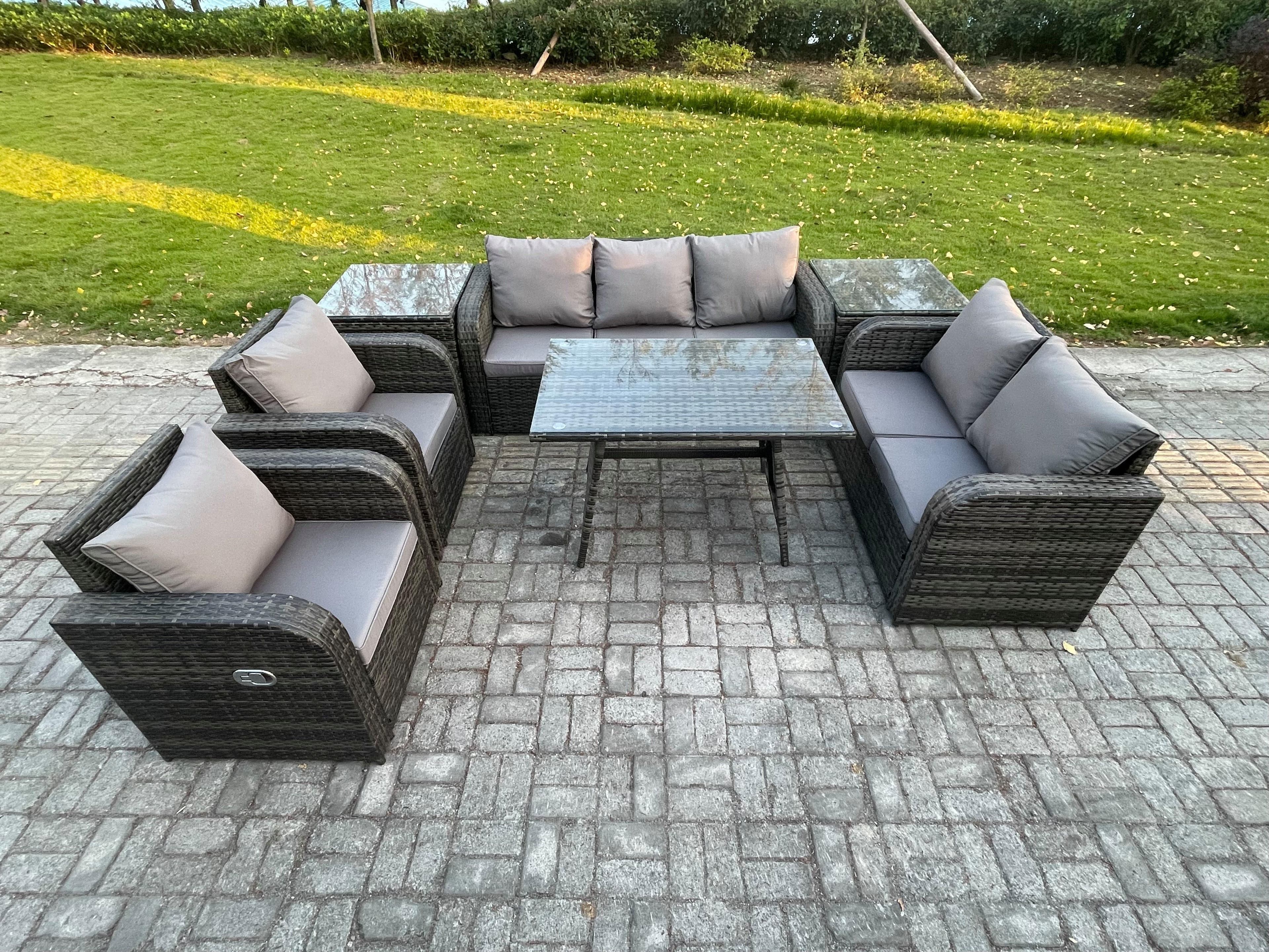 7 Seater High Back PE Rattan Sofa Set Outdoor Garden Furniture Dining Table Set Reclining Chair Love Sofa