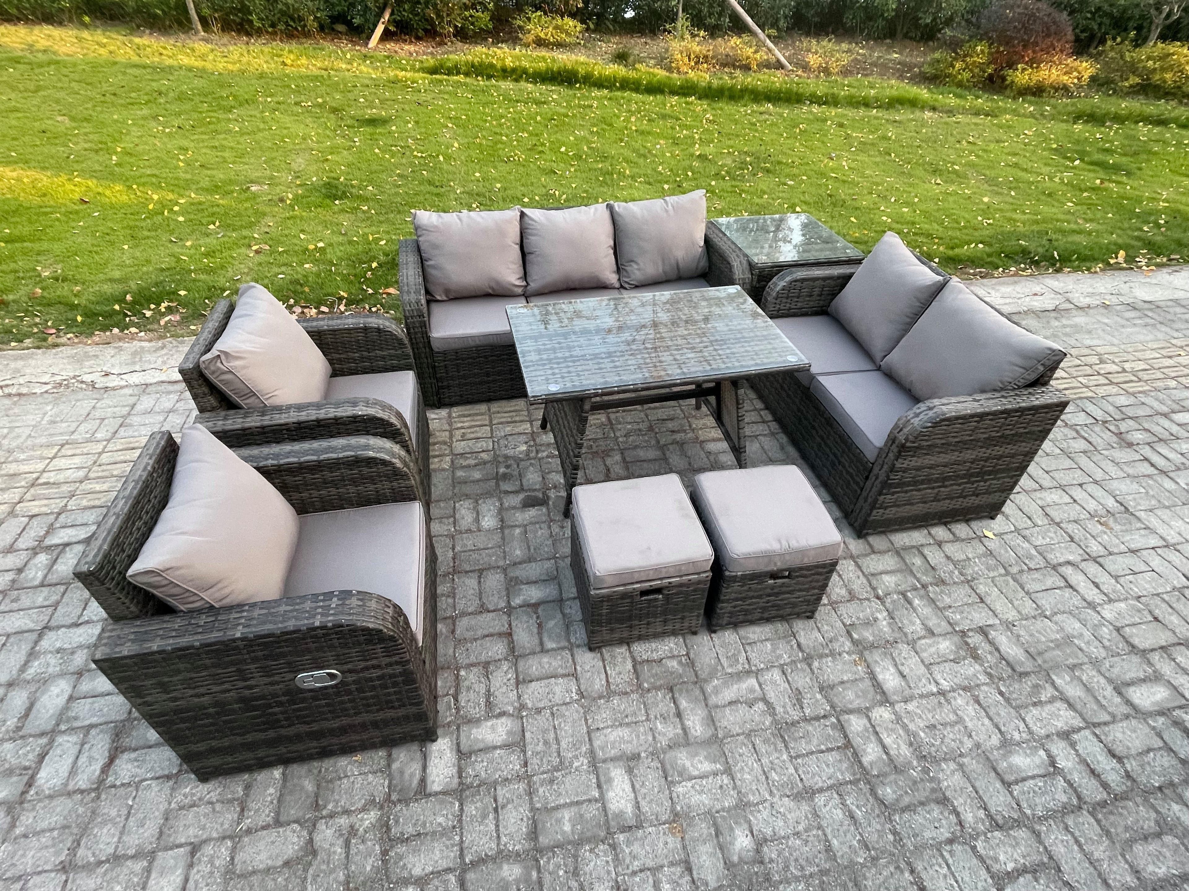 9 Seater High Back PE Rattan Sofa Set Outdoor Garden Furniture Dining Table Set Reclining Chair 3 Seater Sofa
