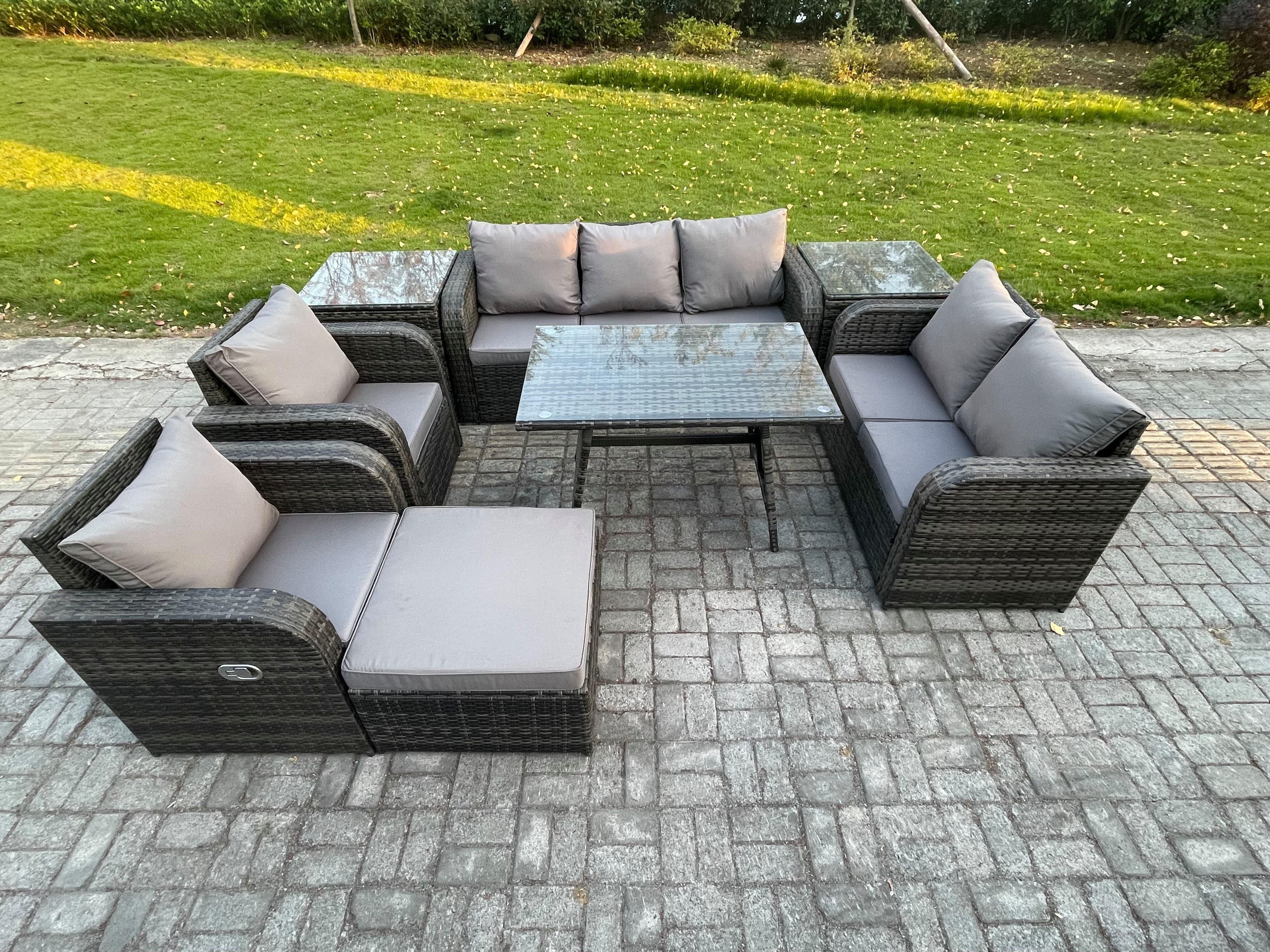 8 Seater High Back PE Rattan Sofa Set Outdoor Garden Furniture Dining Table Set Reclining Chair 3 Seater Sofa