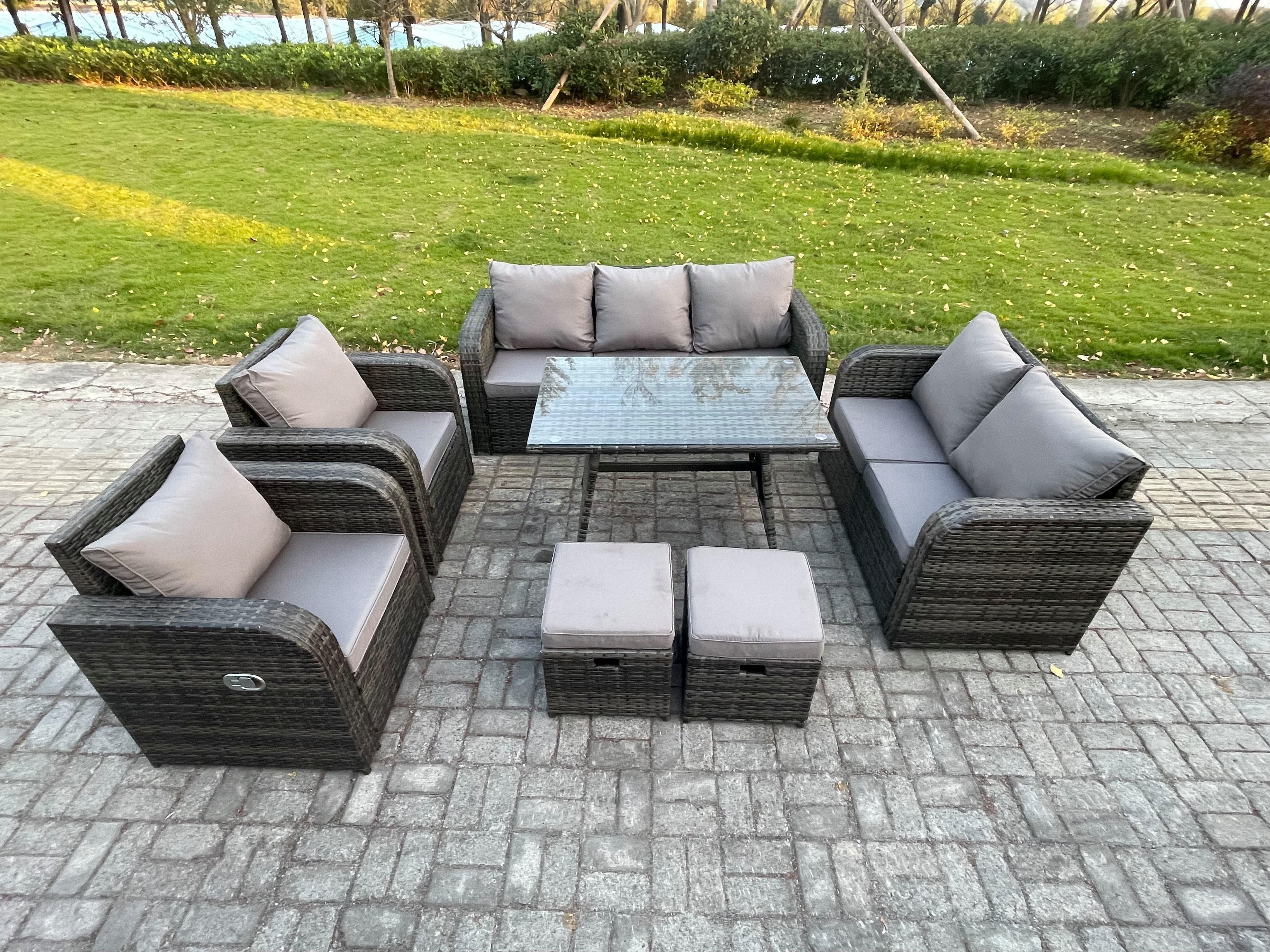 Outdoor Rattan Garden Furniture Set 9 Seater Patio Lounge Sofa Set Dining Table 2 Small Footstools Dark Grey Mixed