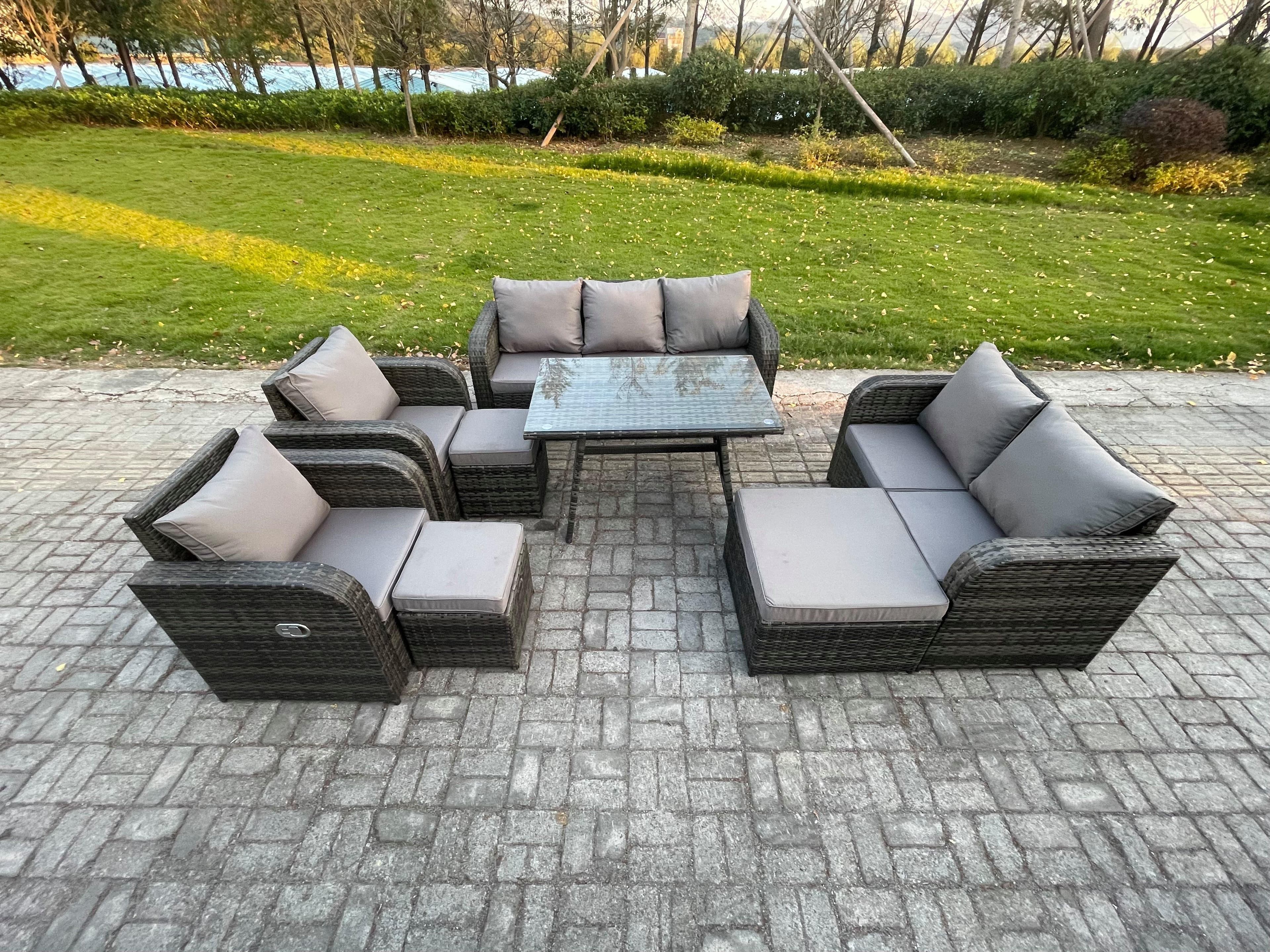 Outdoor Rattan Garden Furniture Set 10 Seater Patio Lounge Sofa Set Dining Table 3 Footstools Dark Grey Mixed