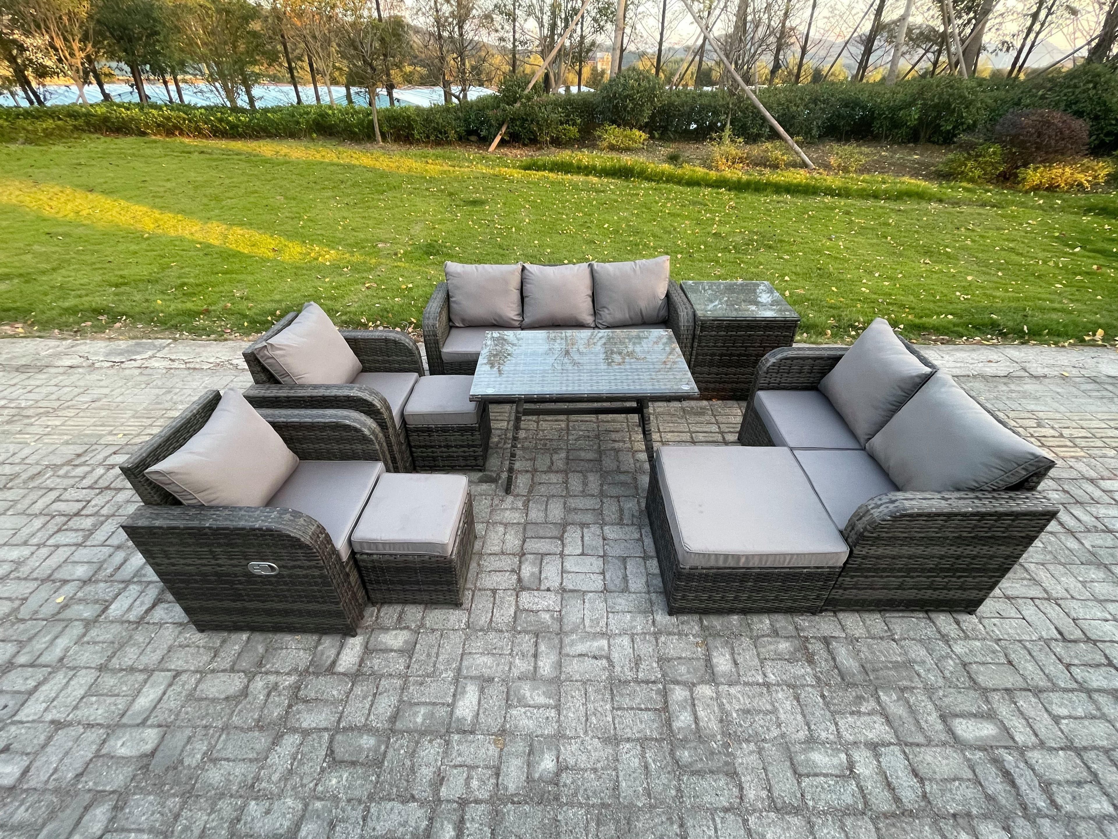Outdoor Rattan Garden Furniture Set 10 Seater Patio Lounge Sofa Set Dining Table 3 Footstools Side Table