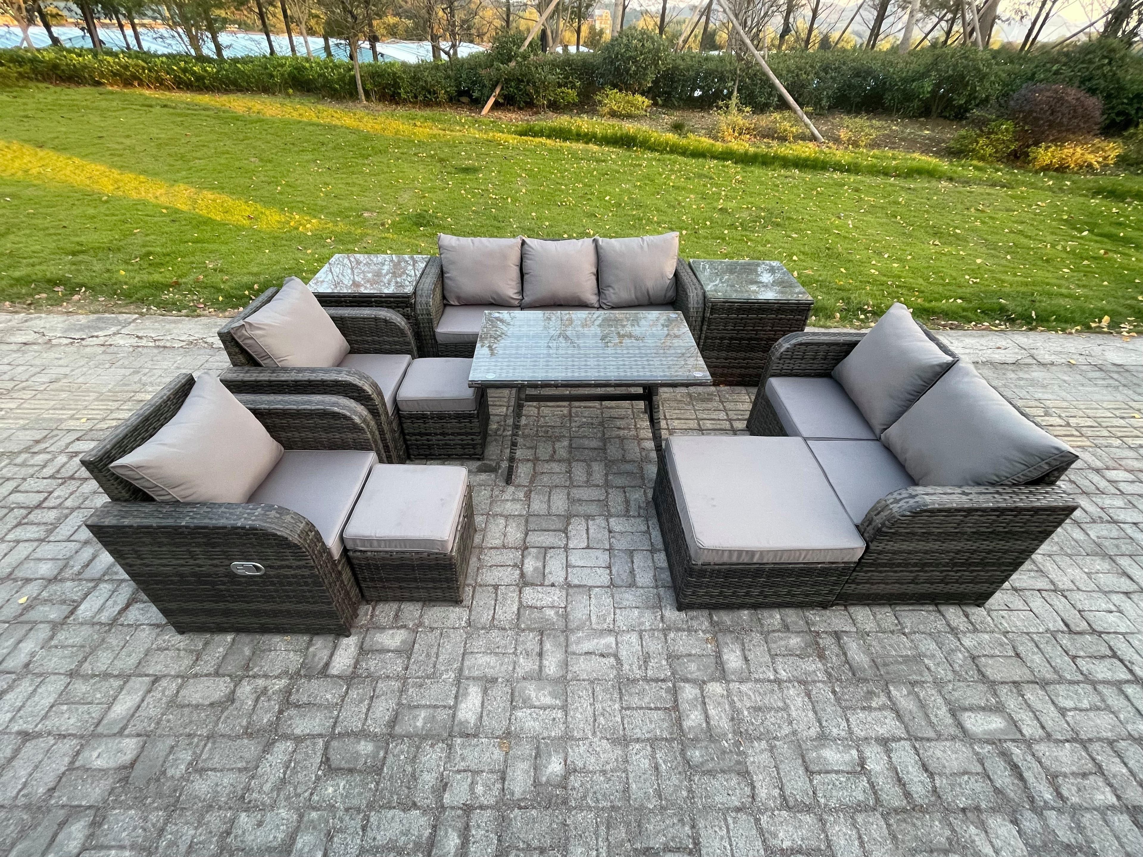 Outdoor Rattan Garden Furniture Set 10 Seater Patio Lounge Sofa Set Dining Table 3 Footstools 2 Side Tables
