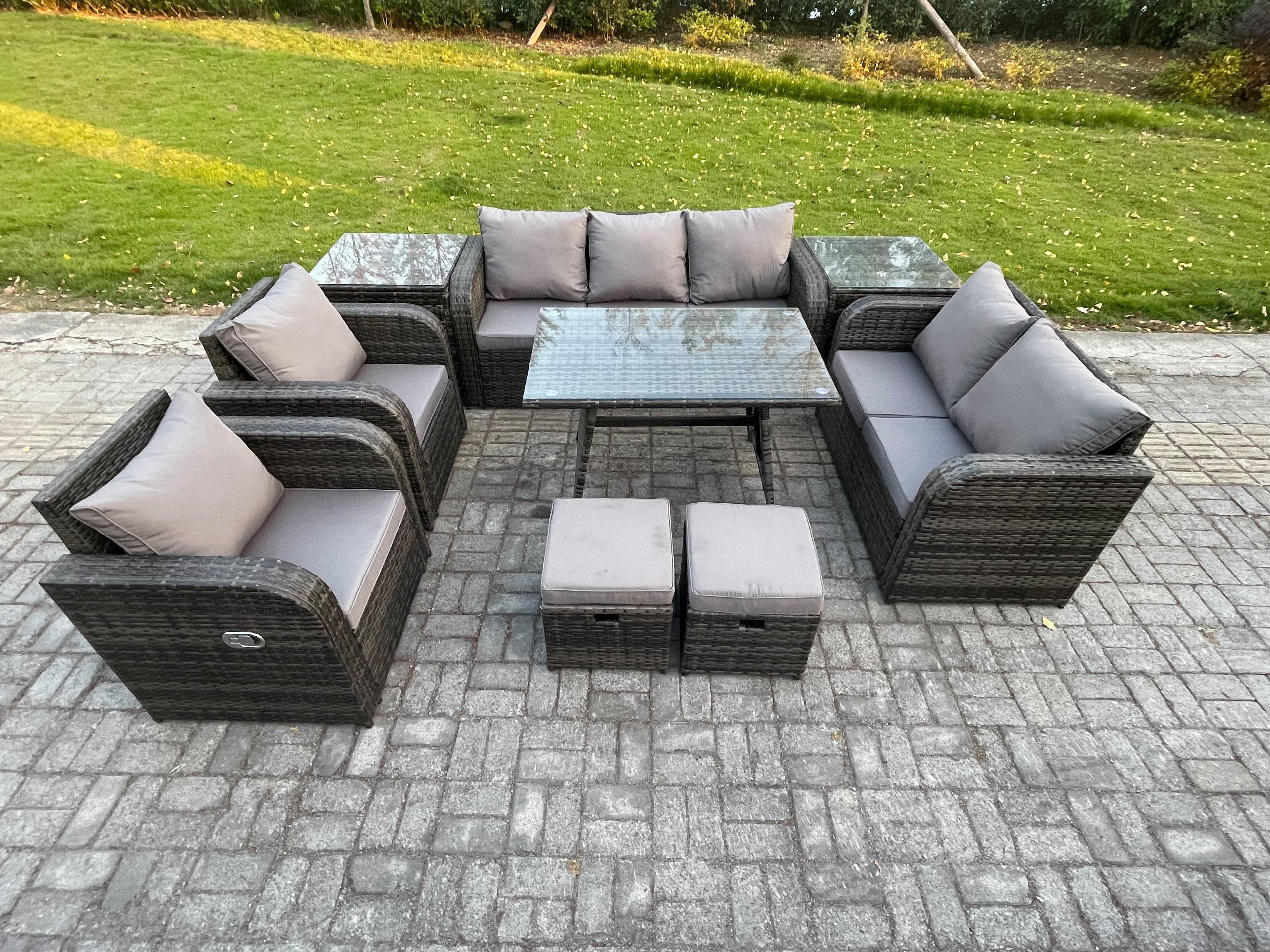 Outdoor Rattan Garden Furniture Set 9 Seater Patio Lounge Sofa Set Dining Table 2 Small Footstools 2 Side Tables